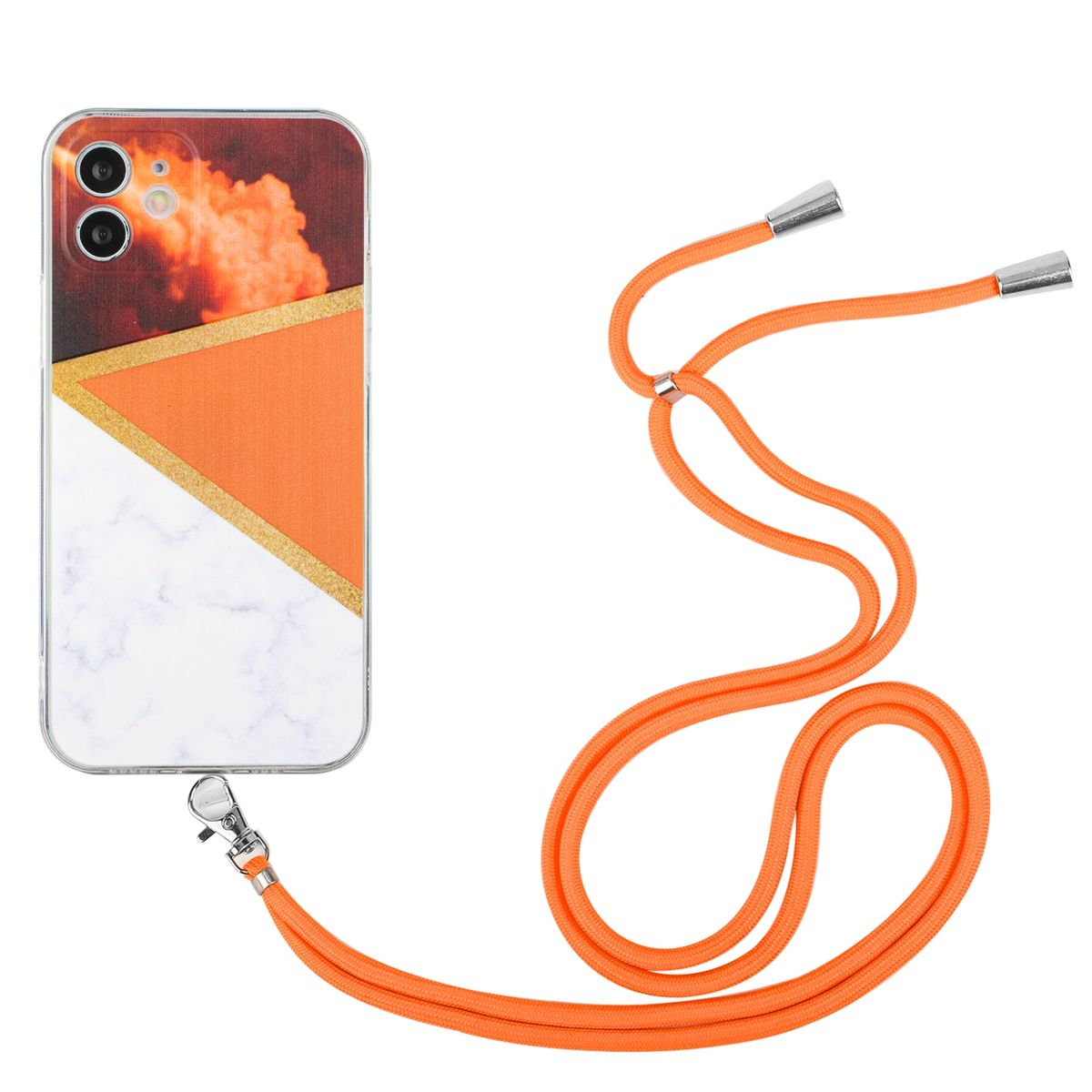 Orange Handyhülle mit orangefarbenem Riemen. Die Handyhülle hat orange, goldene und weiße Bereiche.