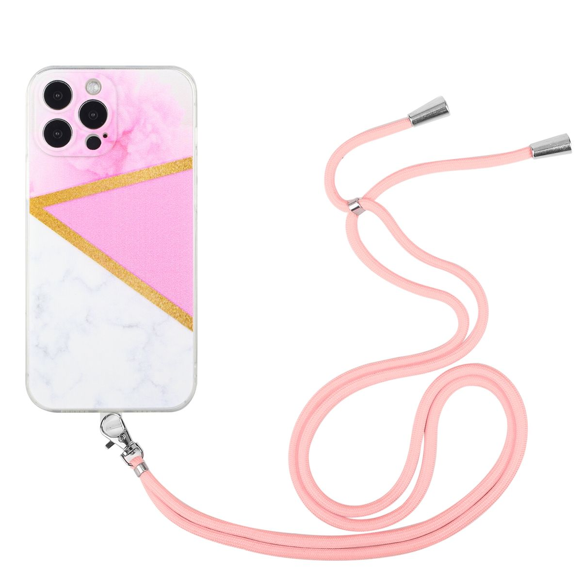 Handyhülle mit rosa Marmordesign und rosa Lanyard. Telefon befindet sich in der Hülle.