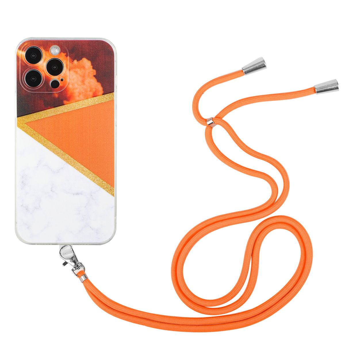 Handyhülle mit orangefarbenem Riemen. Telefon in Hülle mit orangefarbenem, goldenem und weißem Design.