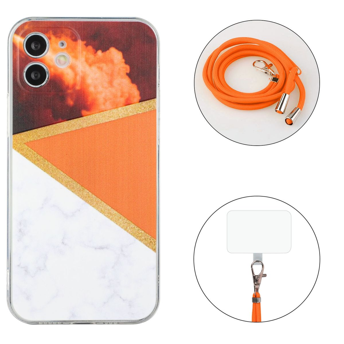 Handyhülle mit orange-weißem Design, goldenem Streifen, Band und Halter.