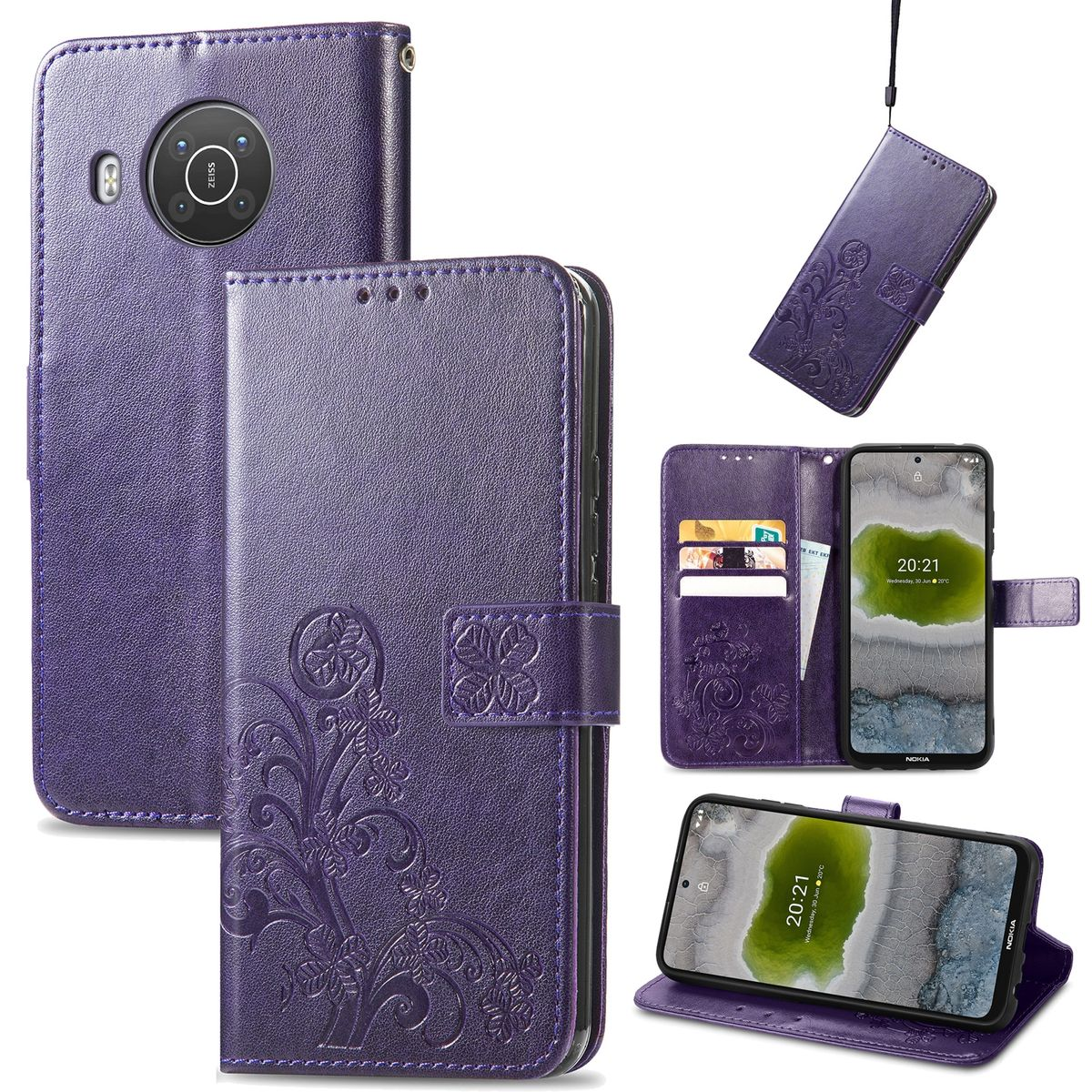Lila Handy-Brieftasche mit floralem Design. Telefon ist innen, mit Karte und Telefonanzeige.