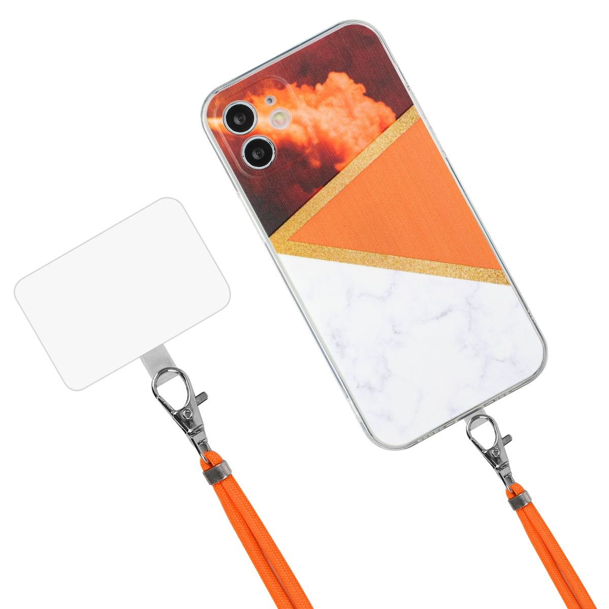 Telefon in einer Hülle mit Lanyard. Die Hülle hat ein orange-weißes Design.