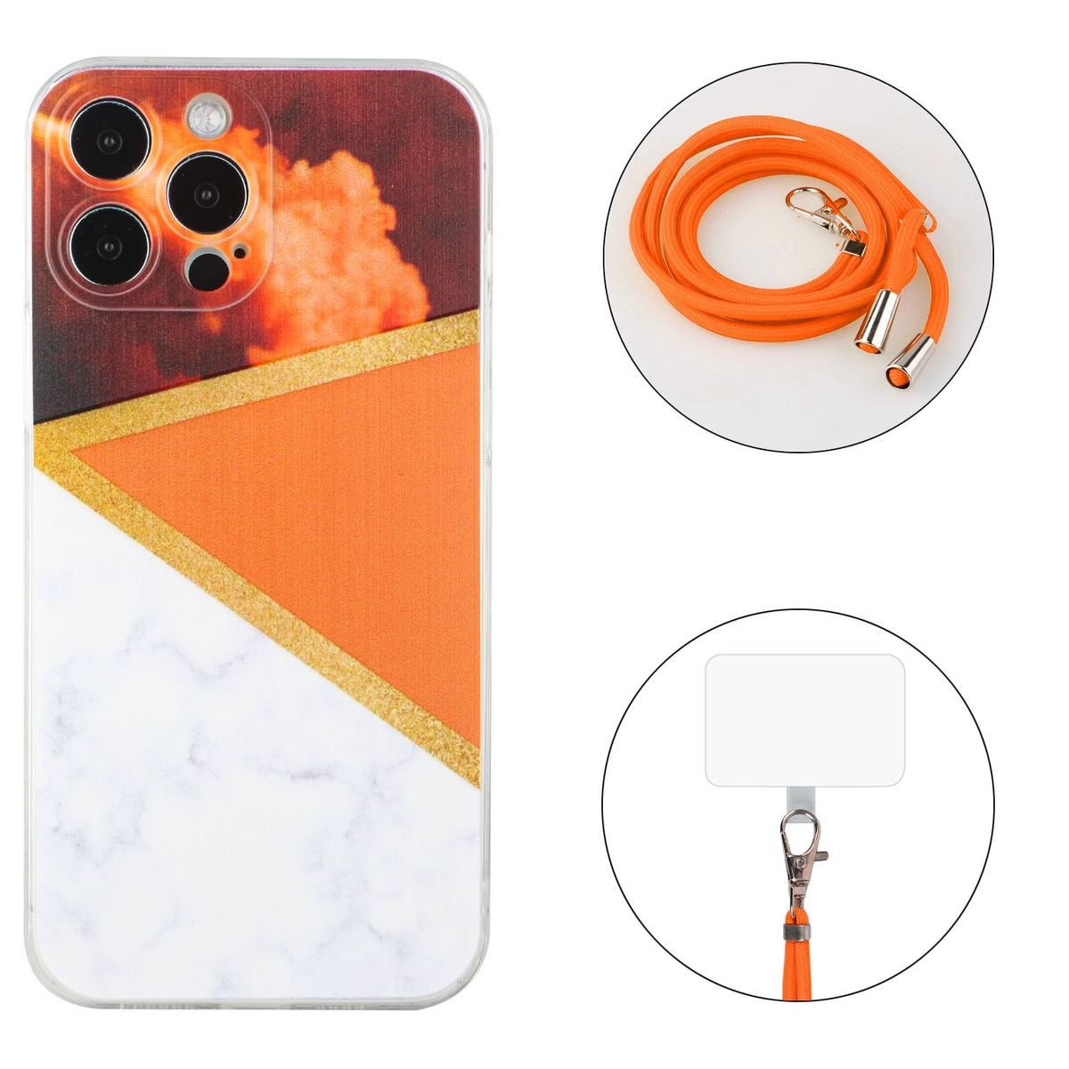 Handyhülle mit abstraktem Design, orange und weiß. Enthält ein orangefarbenes Lanyard und einen Telefonhalter.