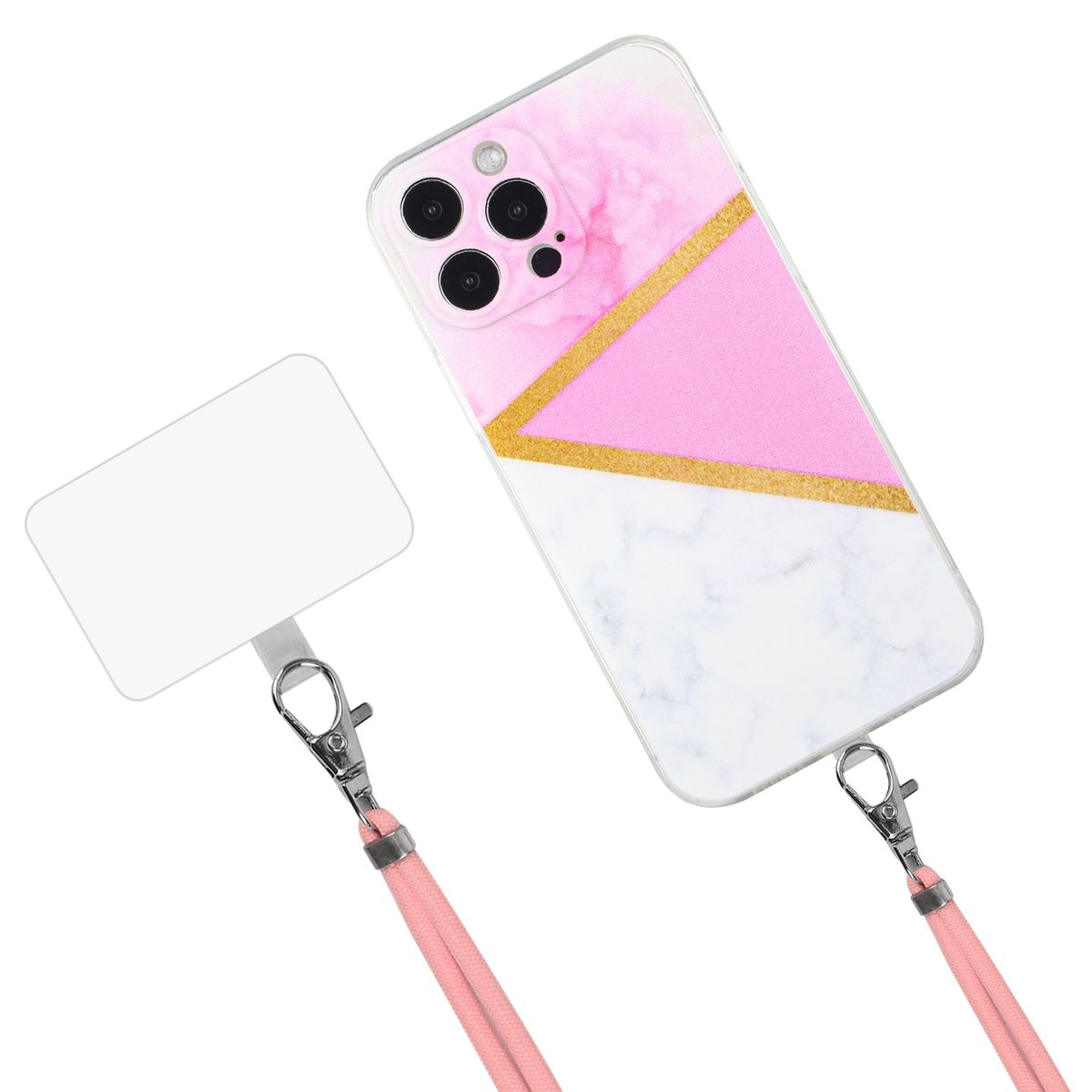 Rosa-weiße Marmor-Handyhülle. Telefon mit rosa Lanyard und weißem Rechteck. Handyhülle mit goldenen Akzenten.