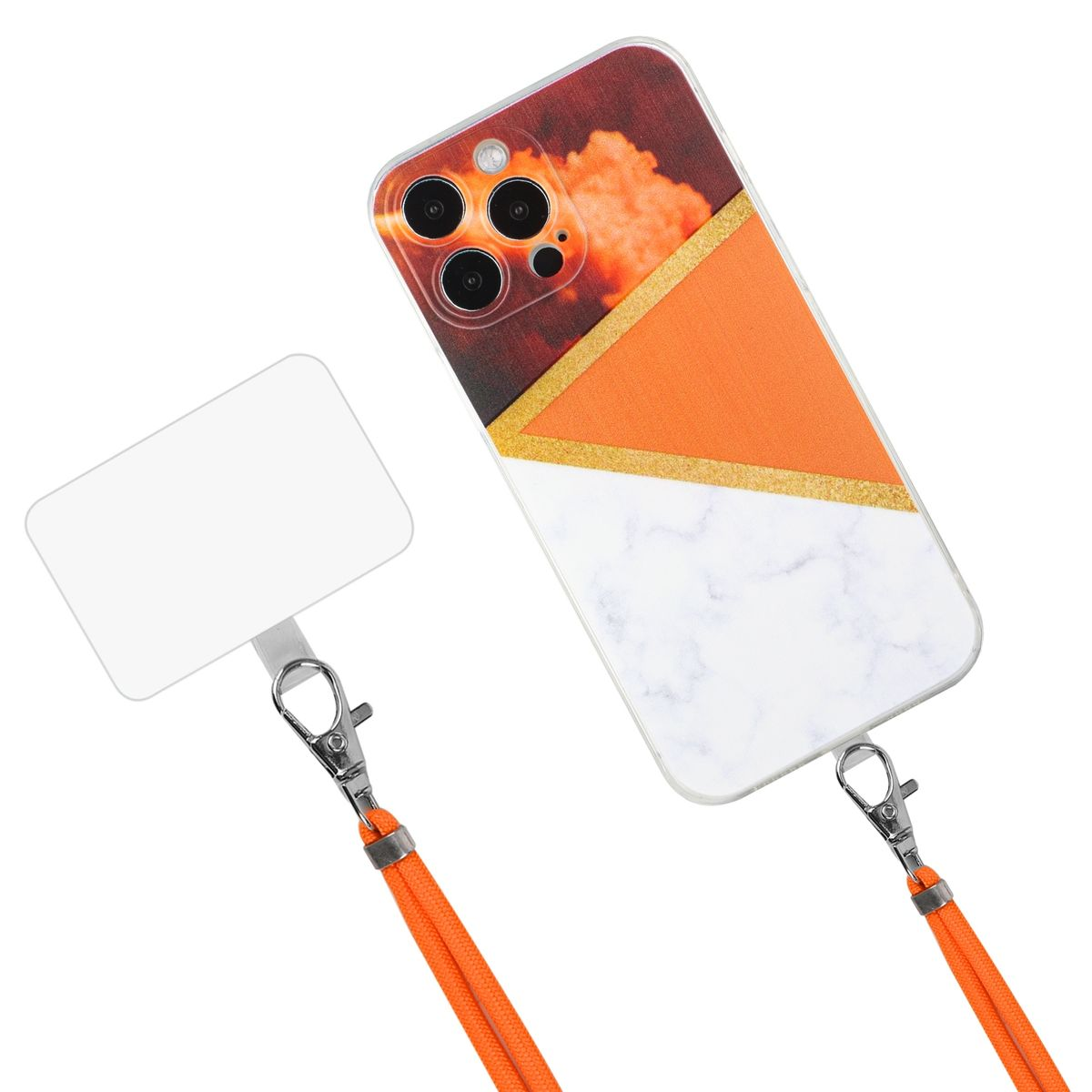 Handyhülle mit Lanyard. Hülle hat orange, gold, weißes Design. Lanyard ist orange. Weißer Hintergrund.