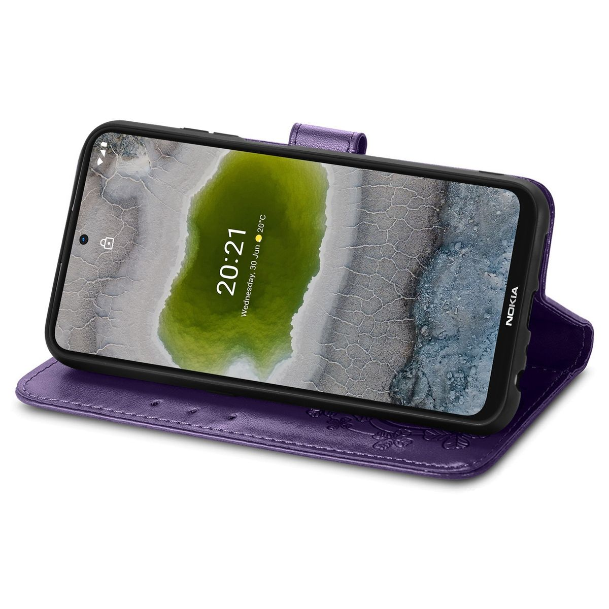 Lila Handyhülle geöffnet. Der Telefonbildschirm zeigt Uhrzeit und Datum an. Hintergrund: weiß.