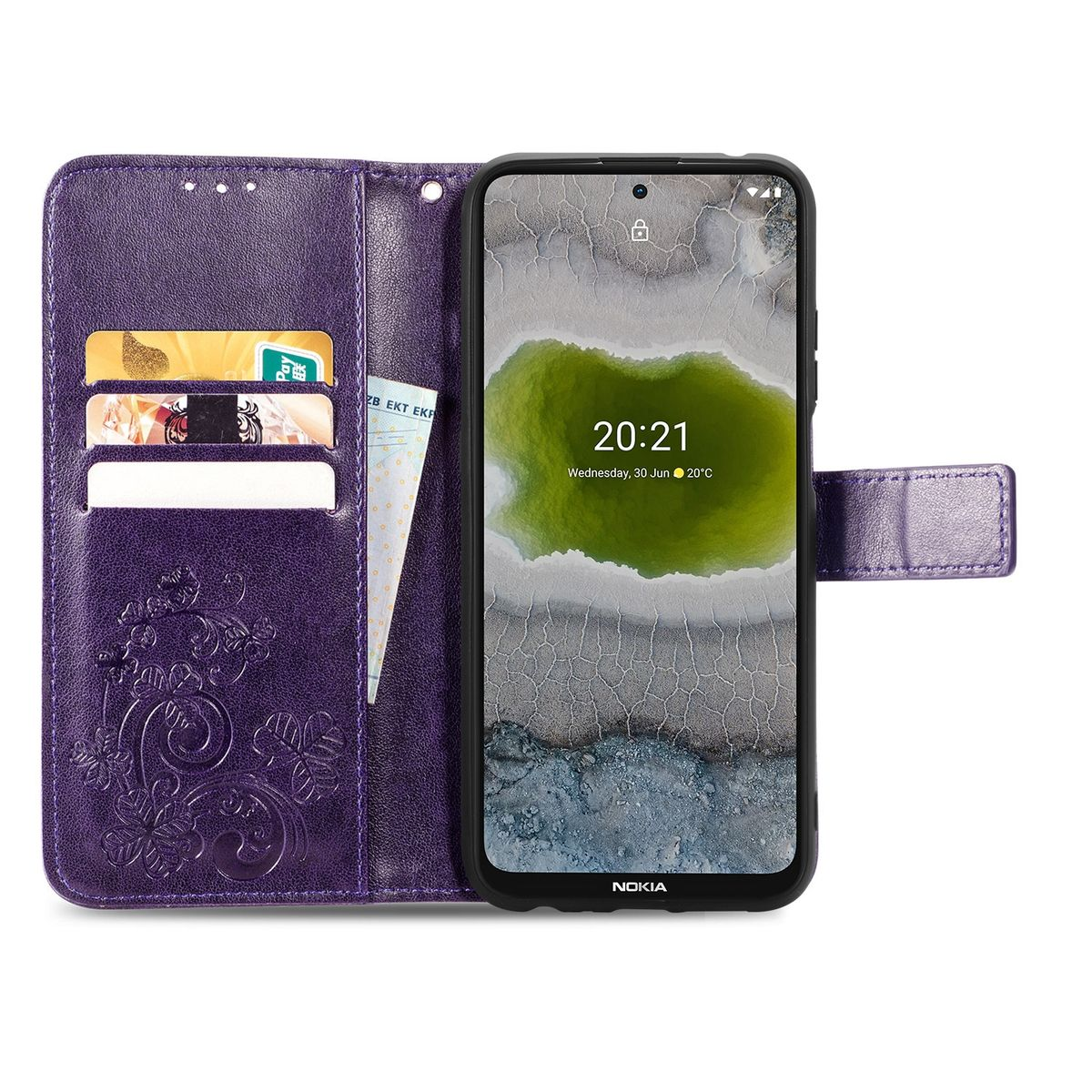 Lila Handyhülle offen mit Karten, Geld und Telefon mit Zeitanzeige.