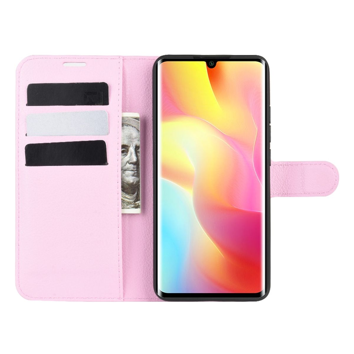 Geöffnete rosa Handyhülle mit einem Telefon mit einem farbenfrohen abstrakten Bild und einem Kartenfach.