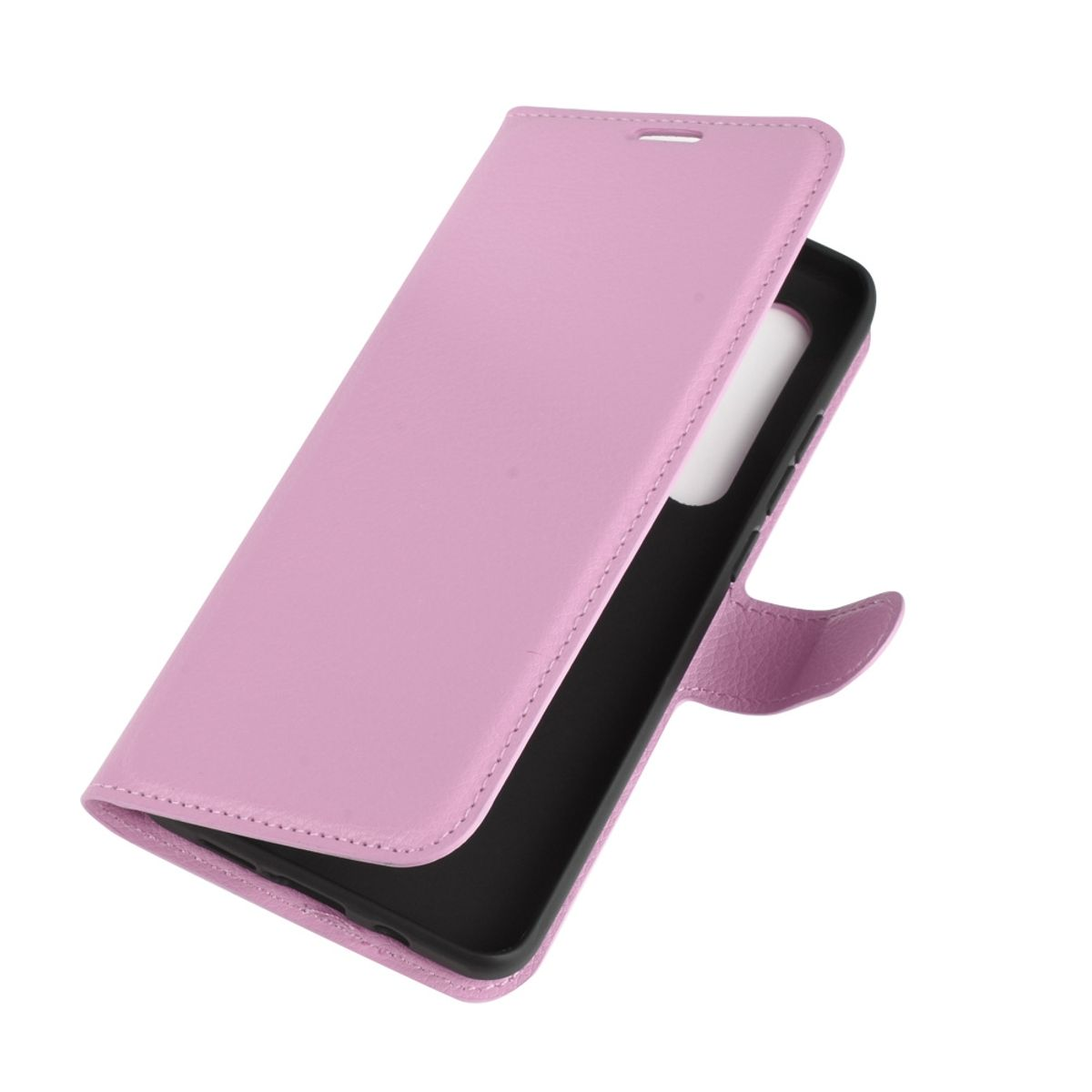 Rosa Handyhülle offen, ein Telefon anzeigend.