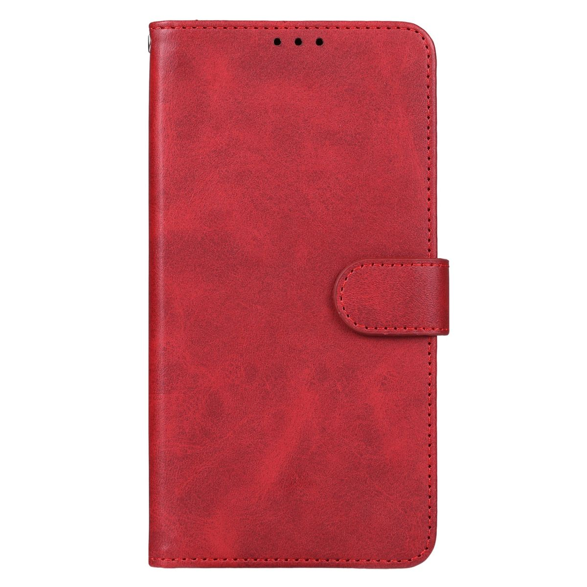 Rote Leder-Handyhülle mit Knopfverschluss. Sie ist geschlossen und hat eine glatte Textur.