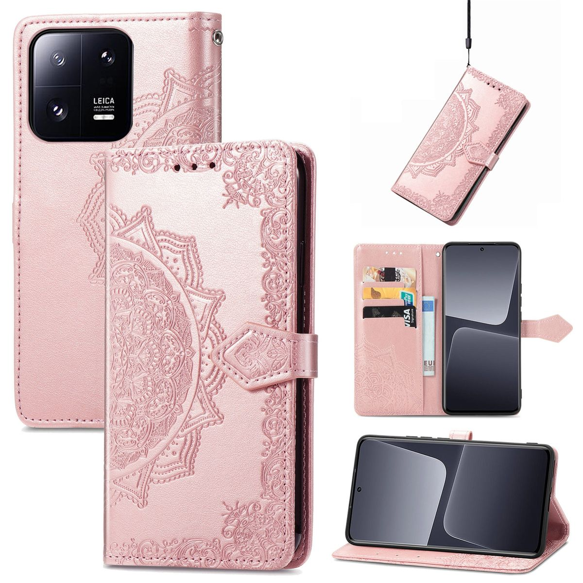 Rosa Handyhülle mit Mandala-Design. Mehrere Ansichten: offen, geschlossen und mit Telefon in Gebrauch.