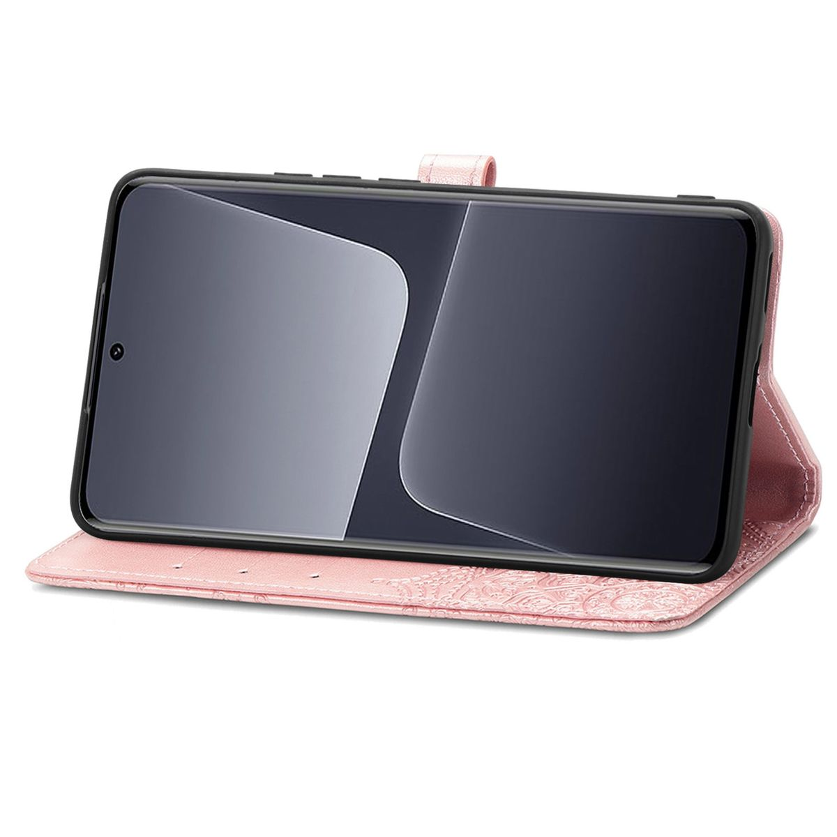 Geöffnete rosa Handyhülle, die ein Telefon mit dunklem Bildschirm zeigt. Die Hülle hat ein geprägtes Blumendesign.