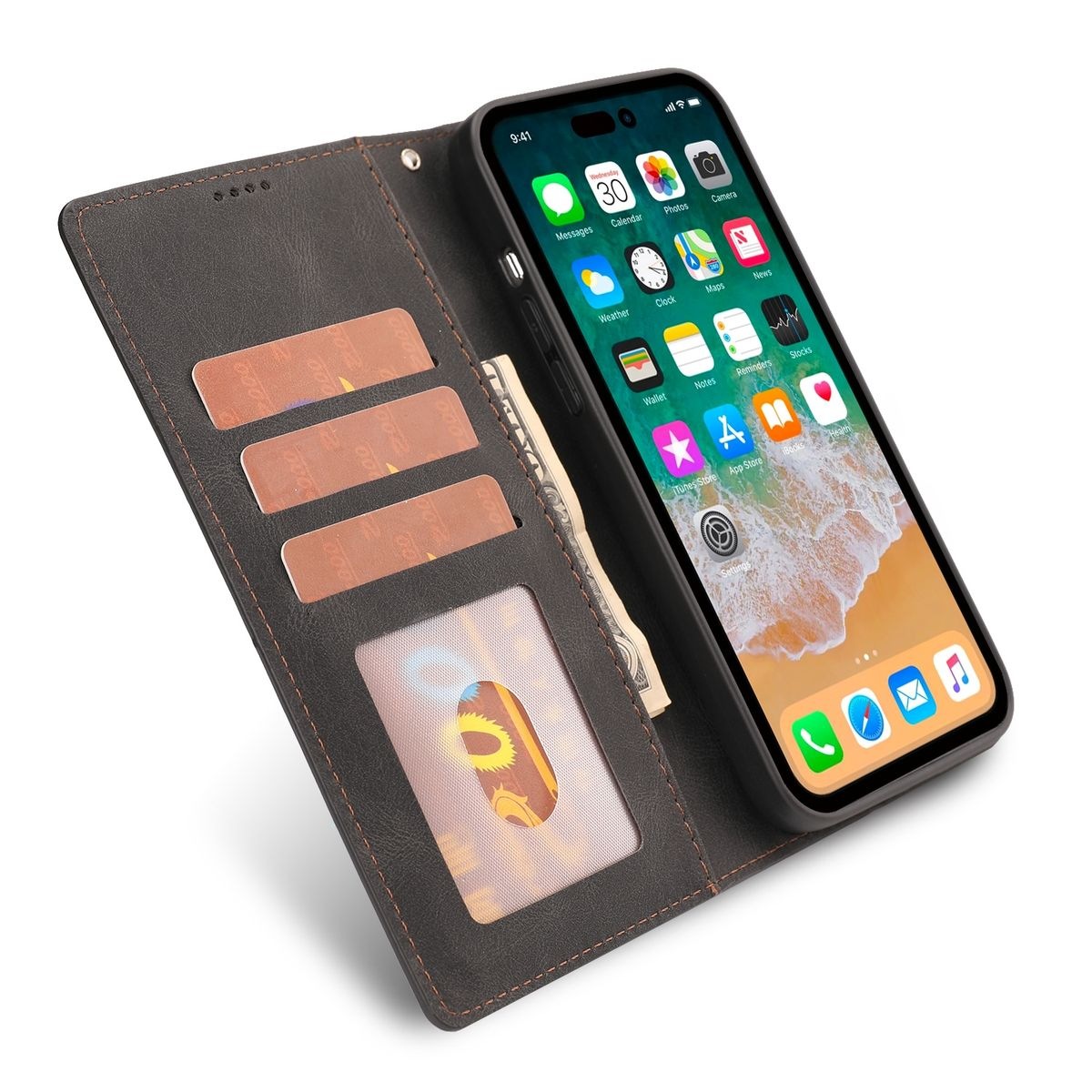 Eine braune Geldbörse für das Telefon ist geöffnet und zeigt ein Telefon. Es gibt Kartenfächer und Bargeld.