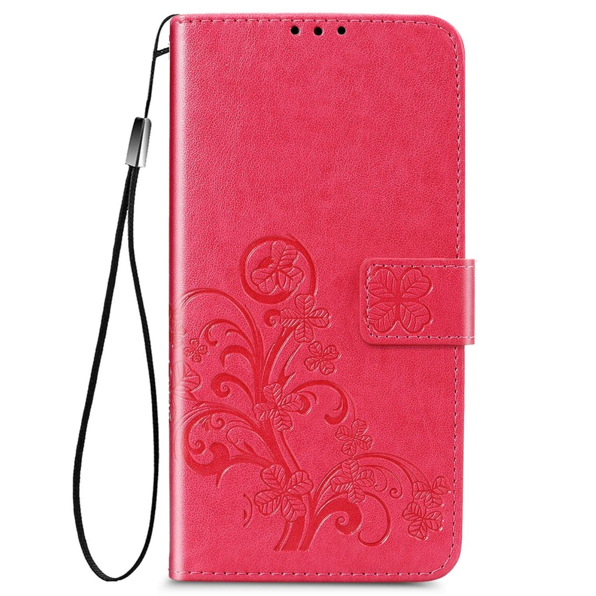 Rote Handyhülle mit floralem Design und Trageriemen.