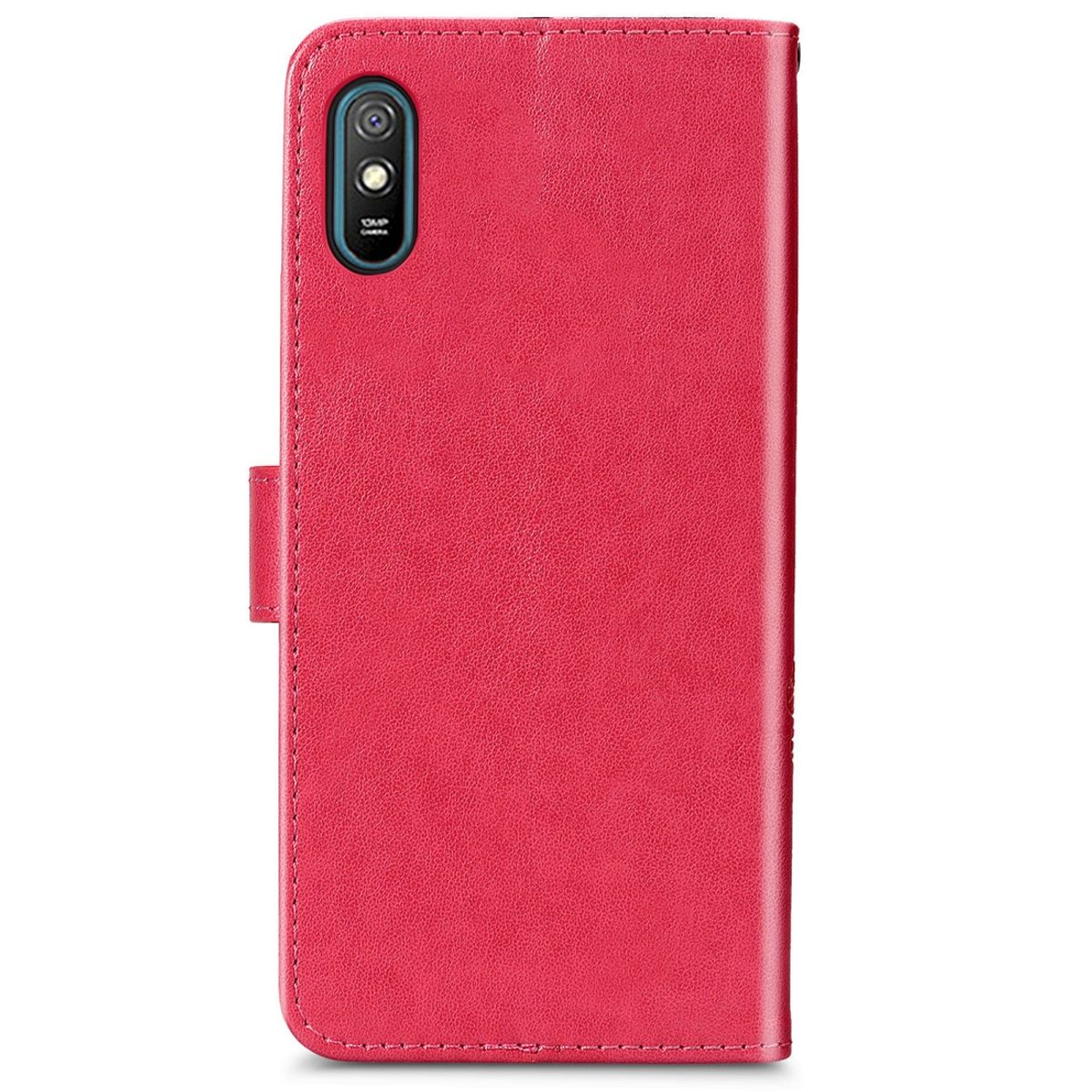 Rote Handyhülle, offen. Zeigt ein Telefon mit Kameras und einen Verschluss. Weißer Hintergrund.