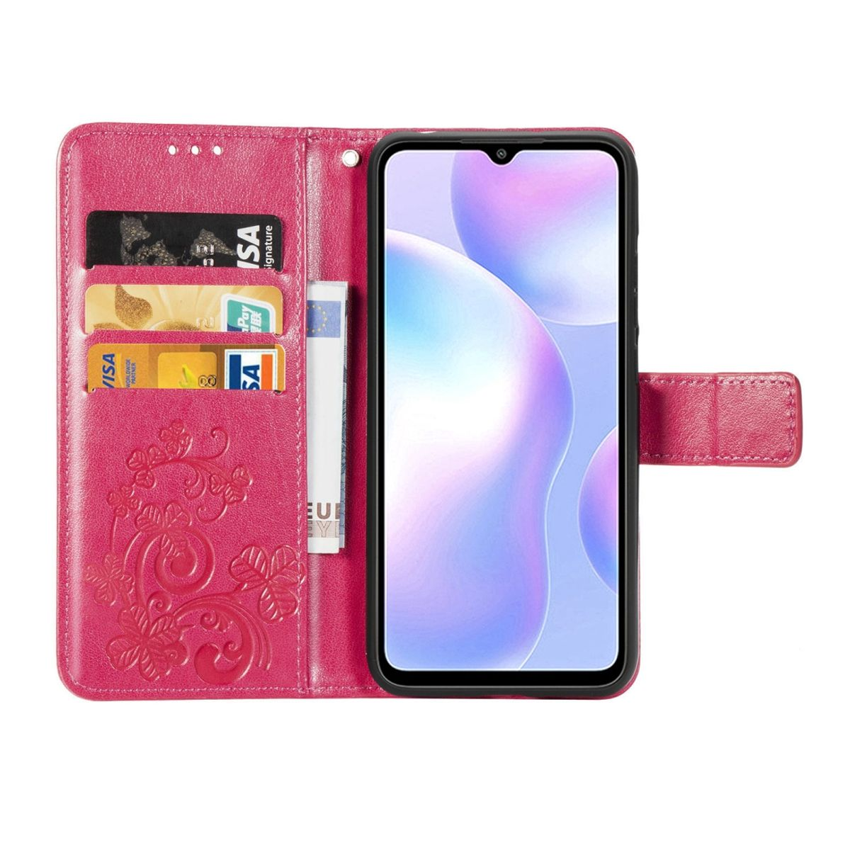 Rosa Handyhülle offen, zeigt Karten und den Telefonbildschirm. Die Hülle hat ein Blumendesign.