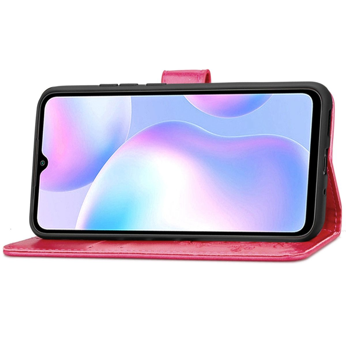 Eine rote Handyhülle mit einem Telefon darin. Das Telefon zeigt einen farbenfrohen Bildschirm. Die Hülle ist offen.