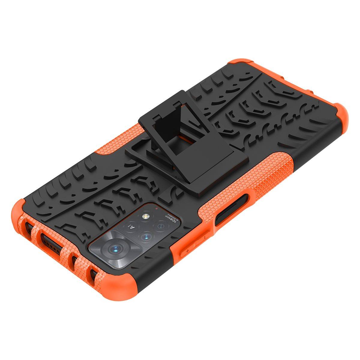 Orange und schwarze Handyhülle mit Ständer. Der Hintergrund ist weiß.