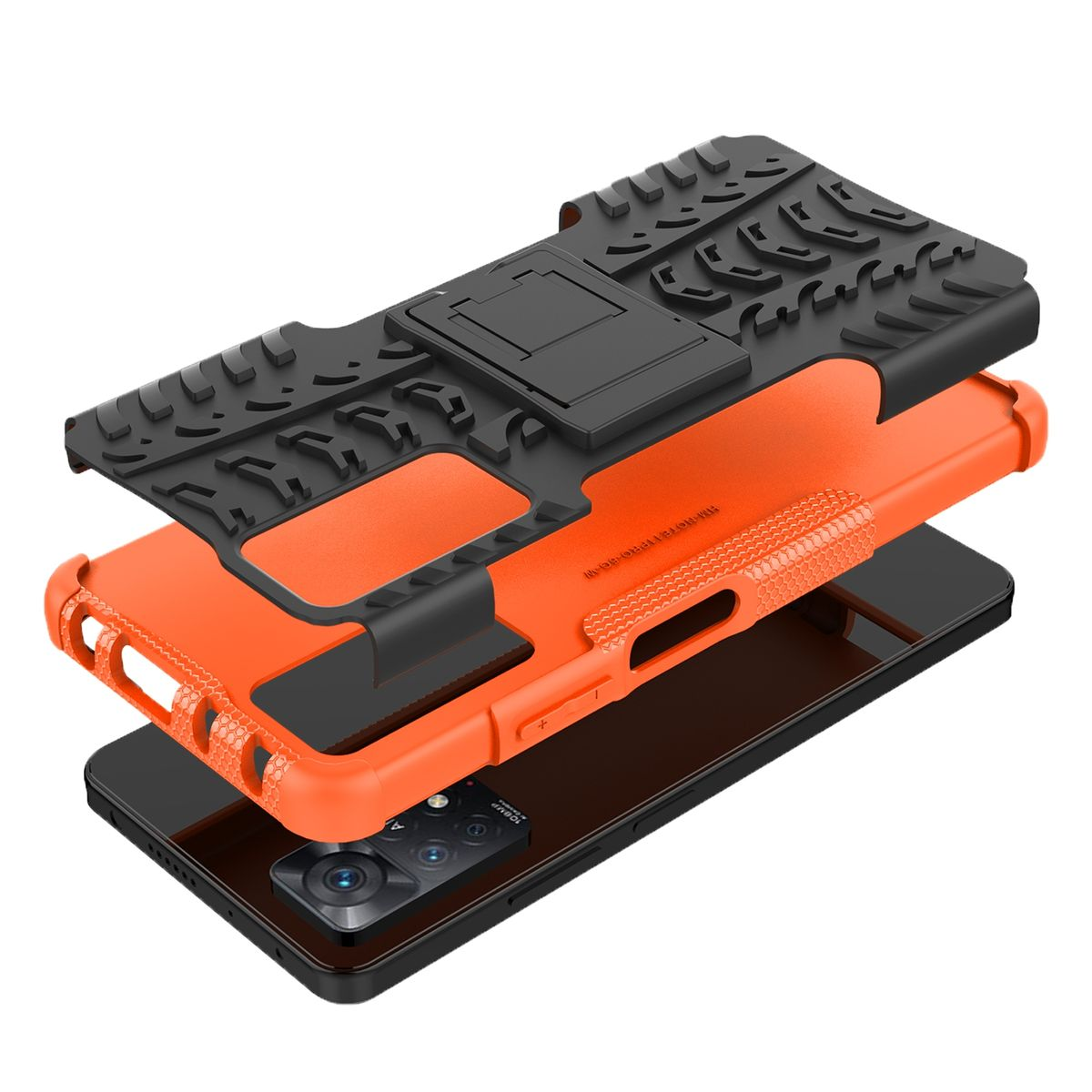 Telefonhülle, in Schichten, mit Ständer. Orange und schwarze Farben.
