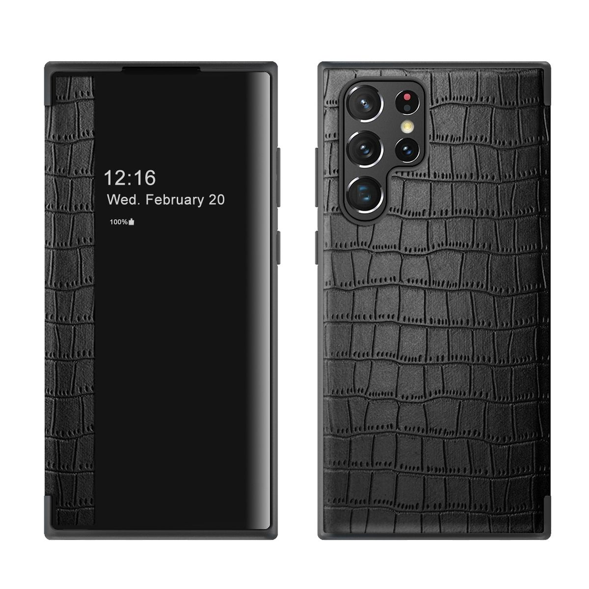 Schwarze Handyhülle mit Telefon, zeigt Krokodilleder-Design.