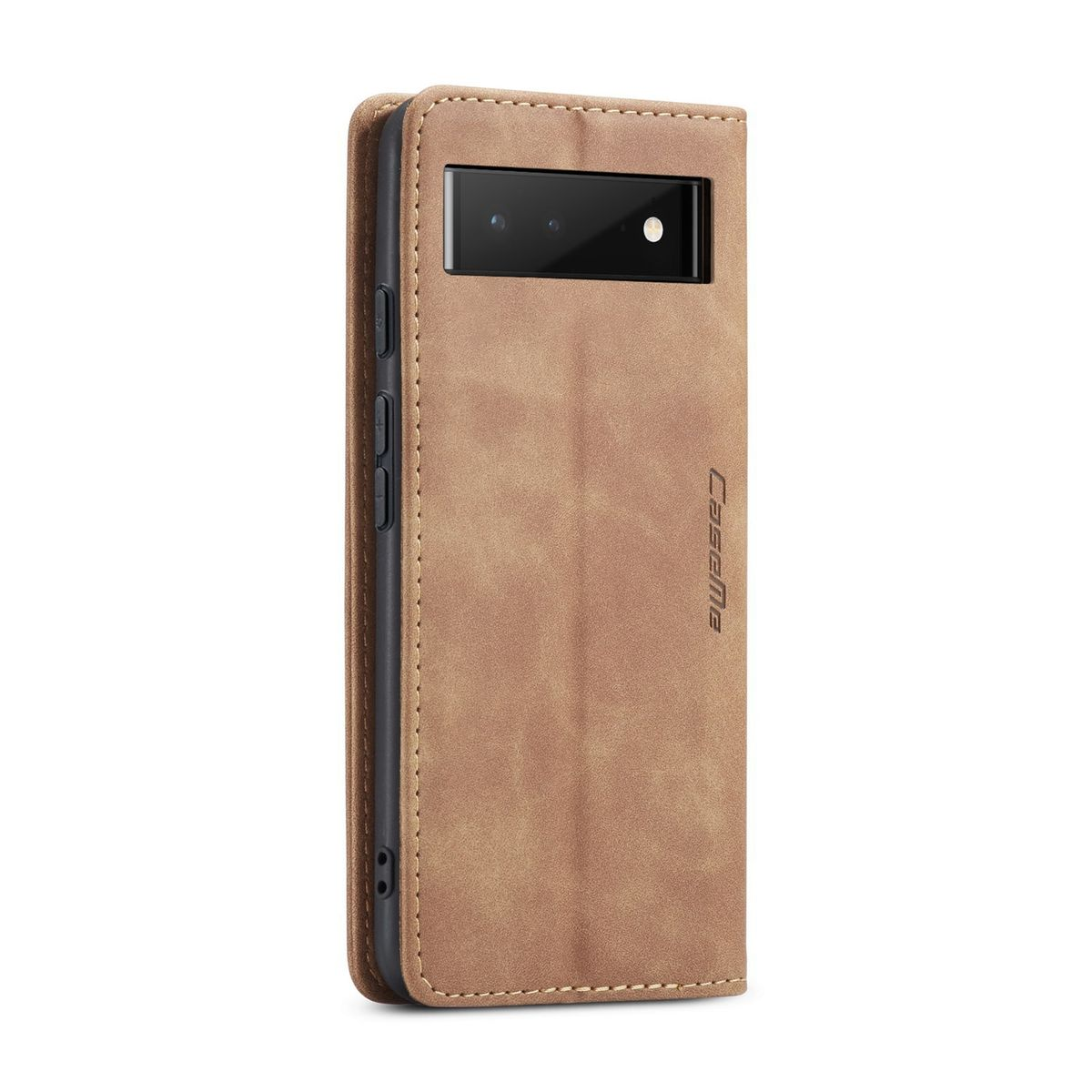 Braune Leder-Handyhülle mit Telefon darin. Schwarzer Kamerabereich sichtbar.