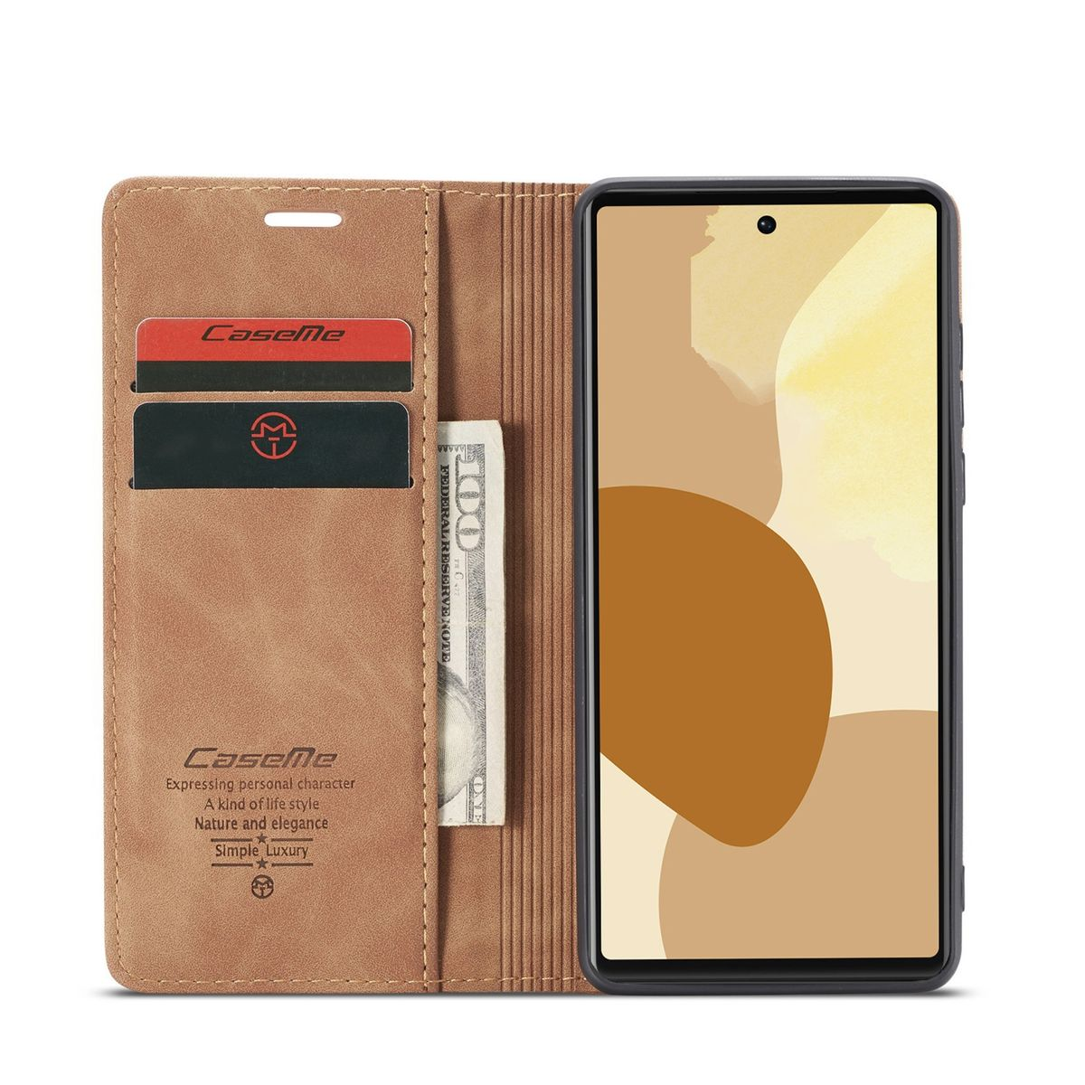 Eine braune Handyhülle mit Kartenfächern, einem Telefon und einem Geldschein.