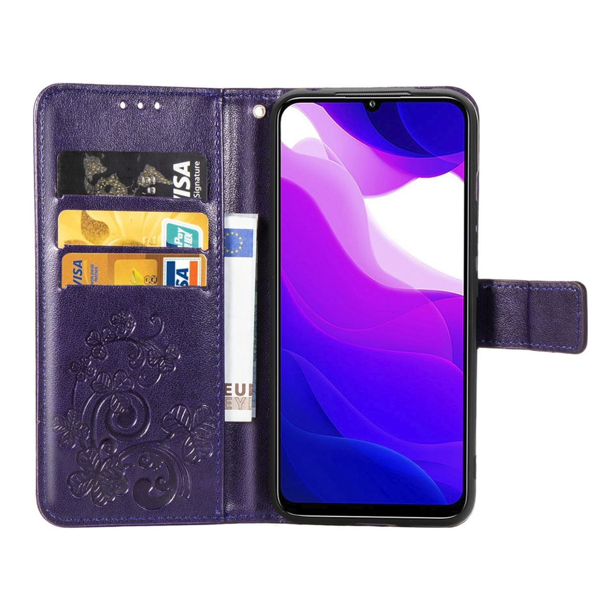 Lila Handyhülle offen, zeigt Telefon und Kartenfächer. Telefonbildschirm zeigt lila Farbverlauf.