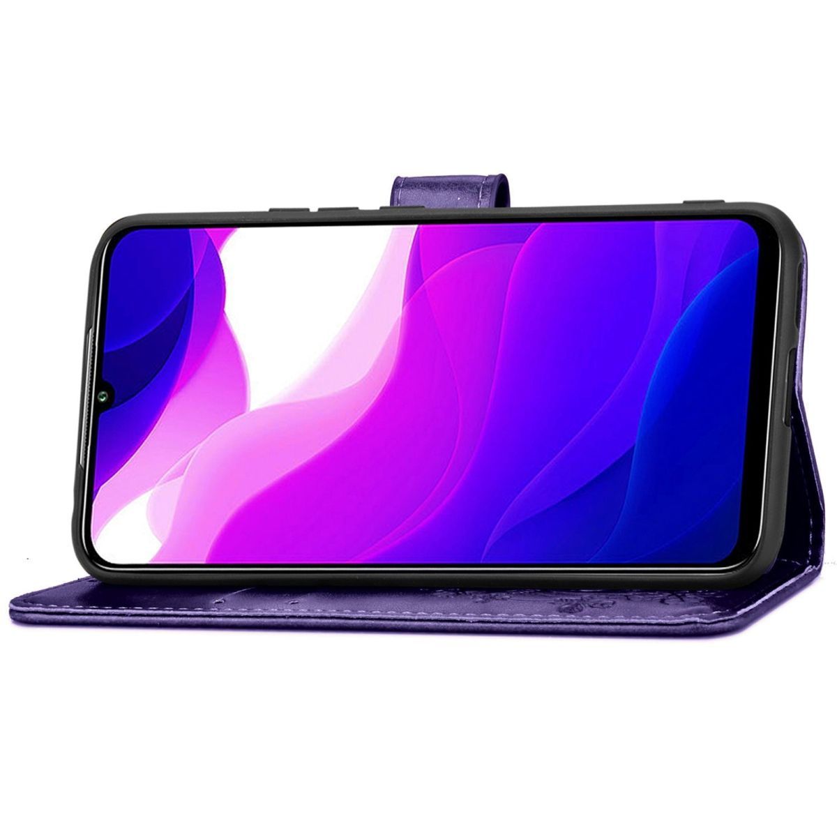 Ein Telefon in einer blauen Hülle. Der Bildschirm zeigt ein abstraktes Kunstwerk in Lila und Blau.
