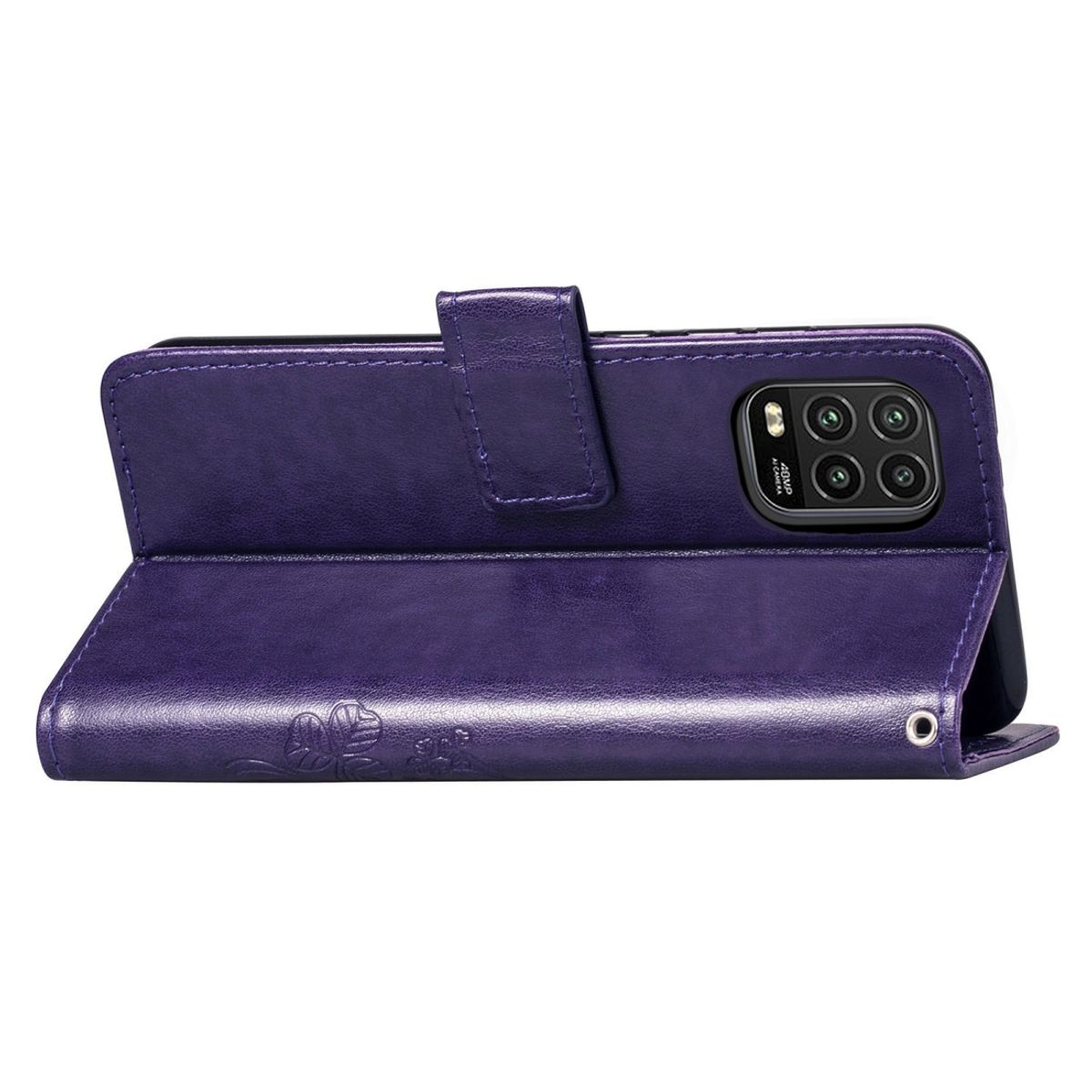 Eine violette Handyhülle ist geöffnet und zeigt ein Telefon. Die Hülle hat einen Verschluss und ein Blumendesign.