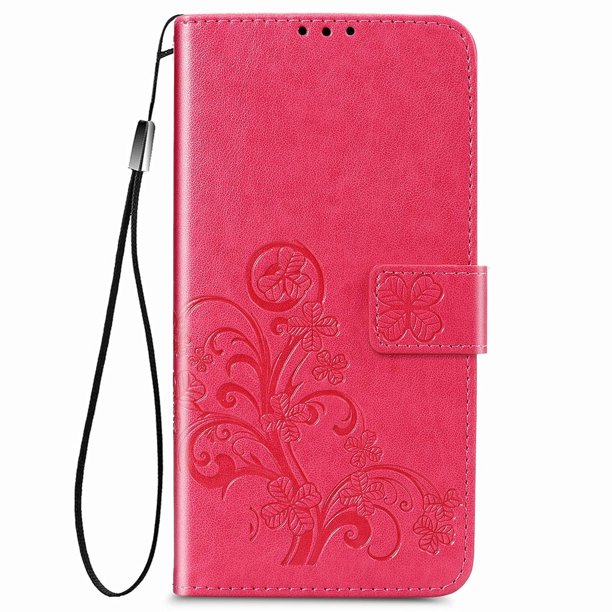 Eine pinkfarbene Handyhülle mit Blumendesign und Handschlaufe, geschlossen.