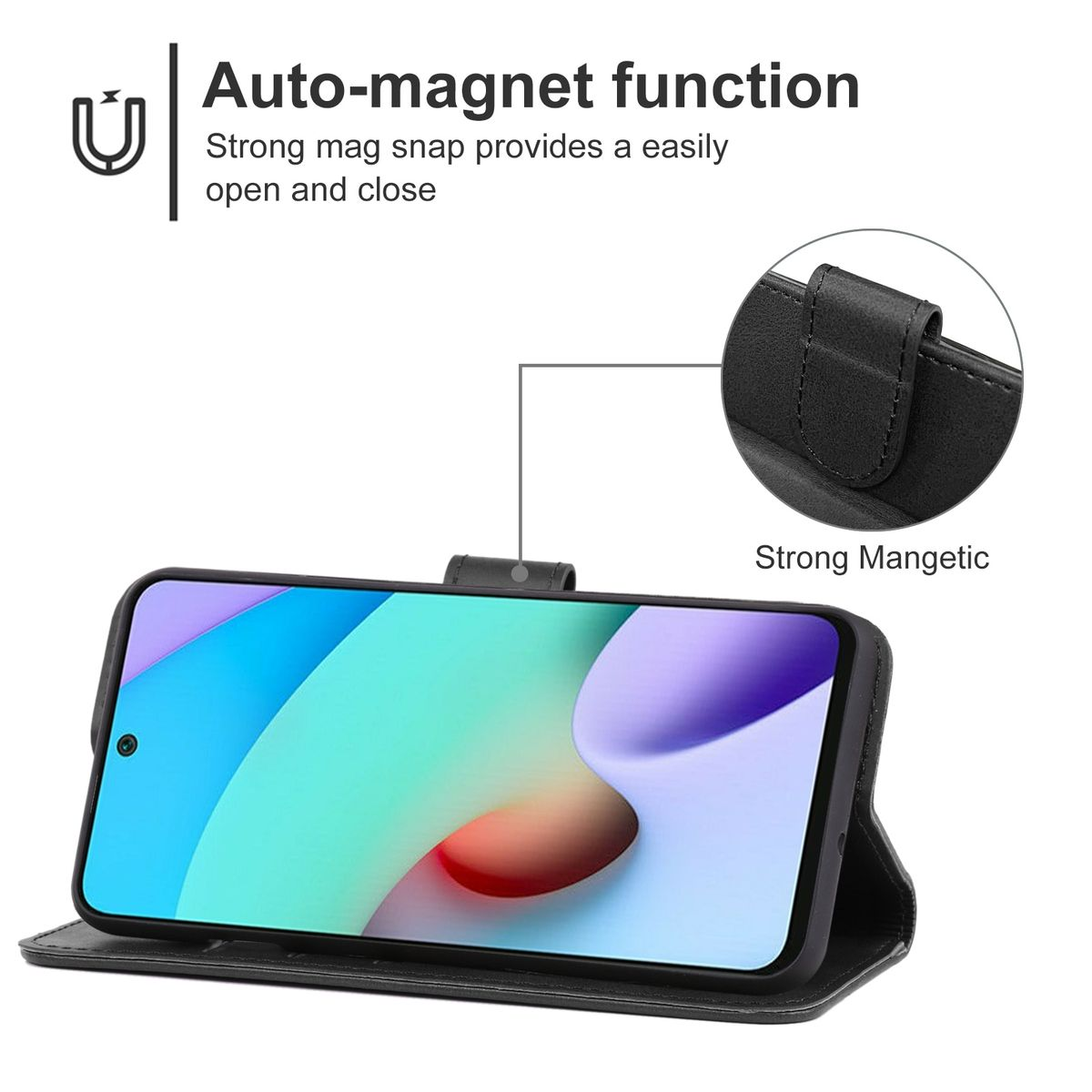 Schwarzes Telefon in einem Gehäuse. Das Gehäuse hat einen Magnetverschluss. Text sagt: Auto-Magnetfunktion.