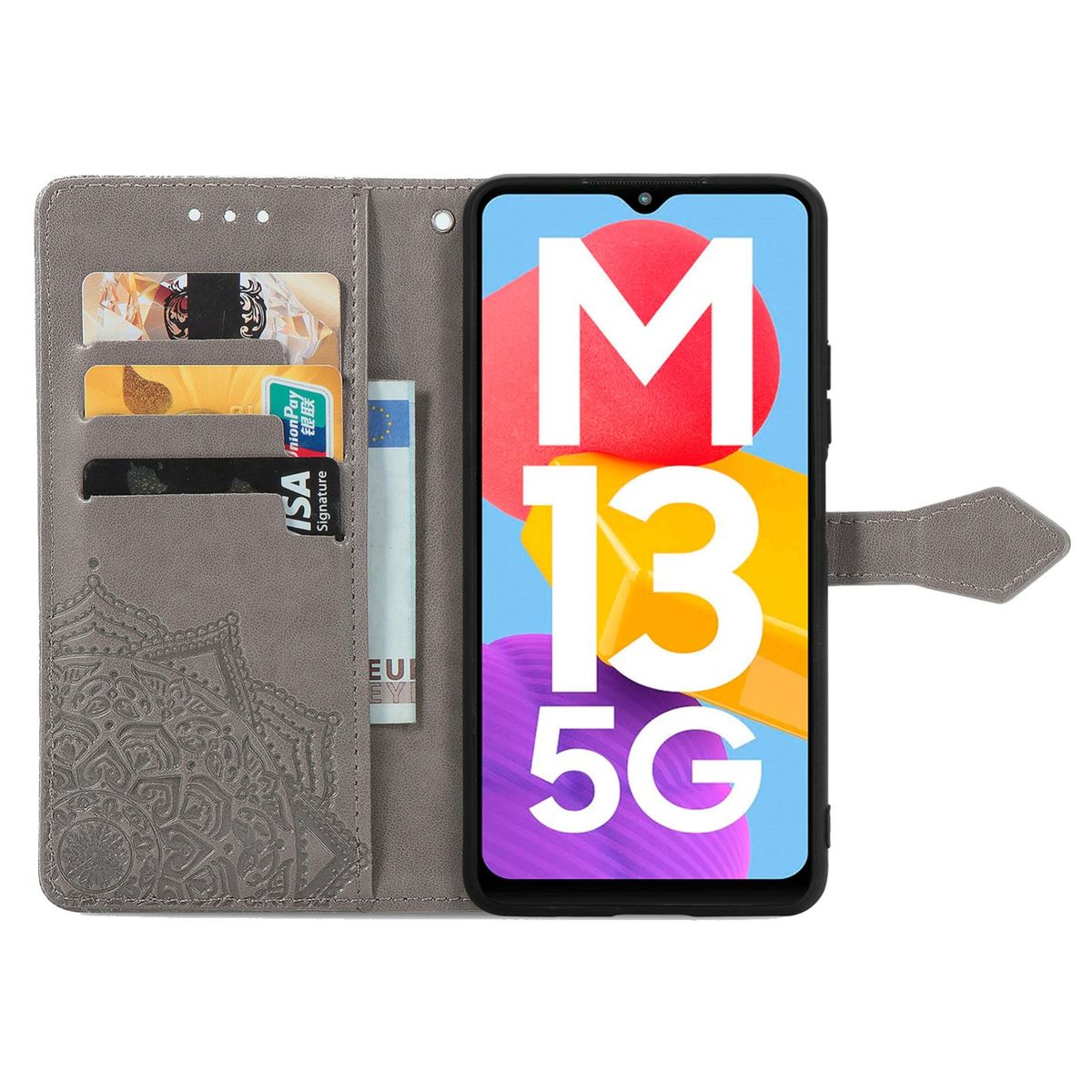 Ein Telefon in einer grauen Hülle, geöffnet. Der Bildschirm zeigt die Benutzeroberfläche des Telefons mit dem Text 'M13 5G'.