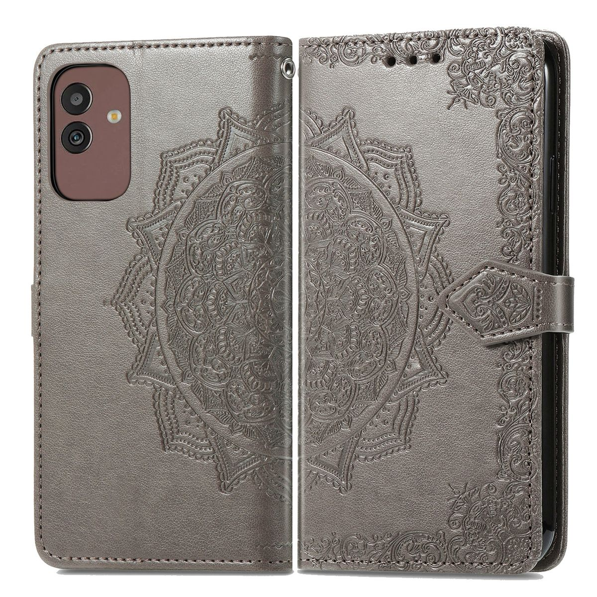 Eine graue Handyhülle ist geöffnet und zeigt ein Telefon. Sie hat ein Mandala-Design und einen Verschluss.