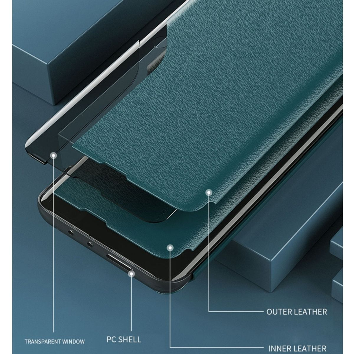 Telefonteile mit Schichten. Transparentes Fenster, PC-Schale, Innenleder und Außenleder.