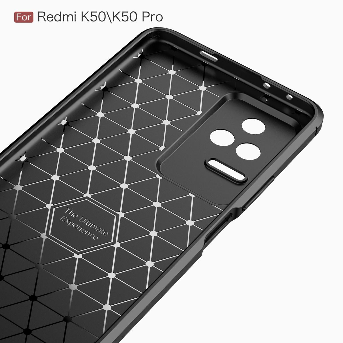 Schwarzes Handycase-Innendesign mit geometrischem Muster und dem Text: The Ultimate Experience.