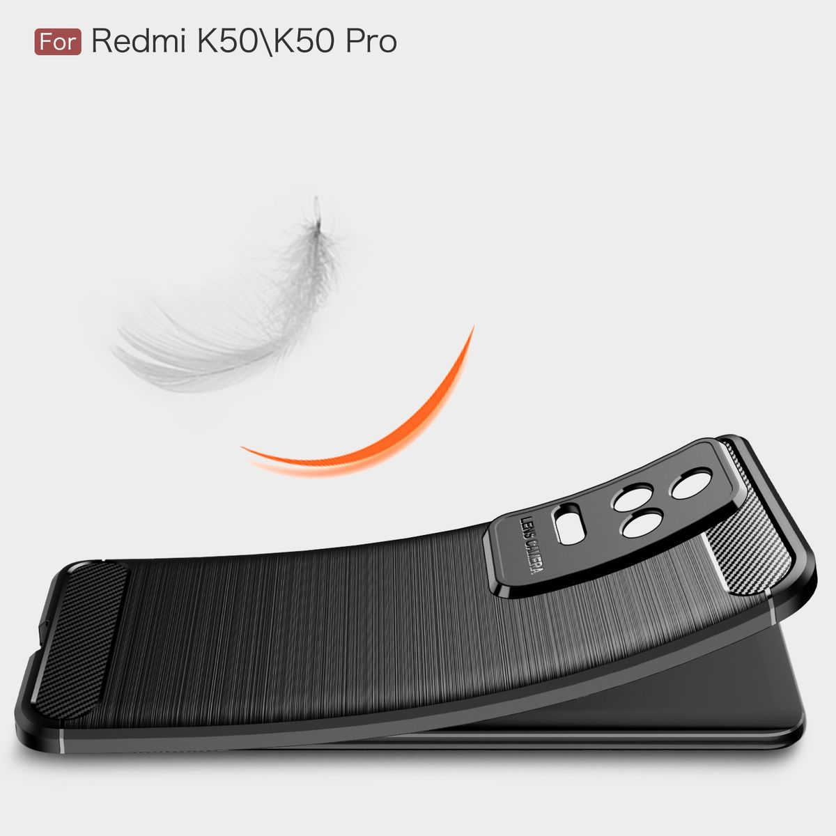 Schwarze Handyhülle mit schwarzem Telefon innen. Text: Für Redmi K50\K50 Pro.