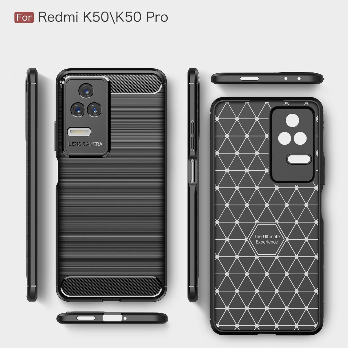 Schwarze Handyhüllen für Redmi K50/K50 Pro. Eine hat horizontale Linien, die andere ein geometrisches Muster.