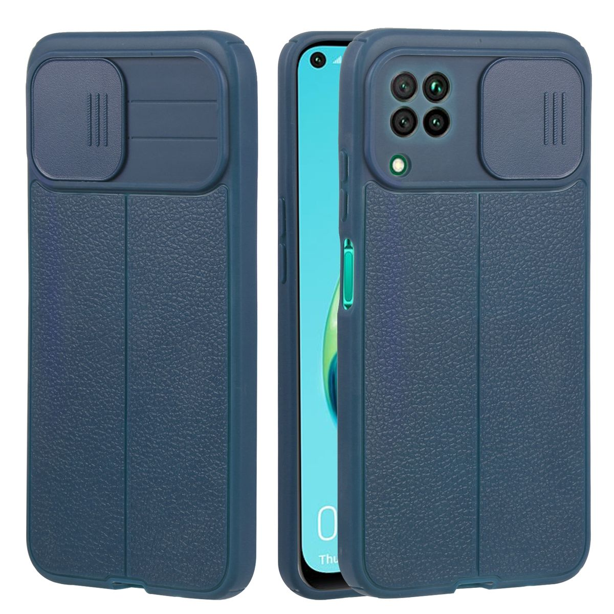 Blaue Handyhülle mit verschiebbarer Kameraabdeckung. Die Hülle bedeckt die Rückseite und Seiten des Telefons.