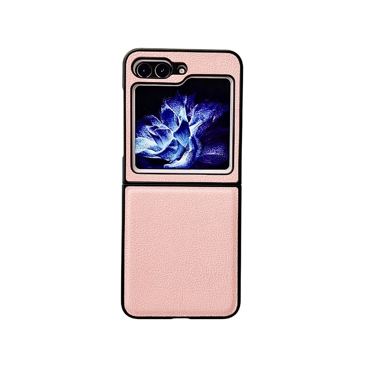 Rosa Handyhülle offen. Die offene Hülle zeigt den Telefonbildschirm mit einem blauen Blumentapete.