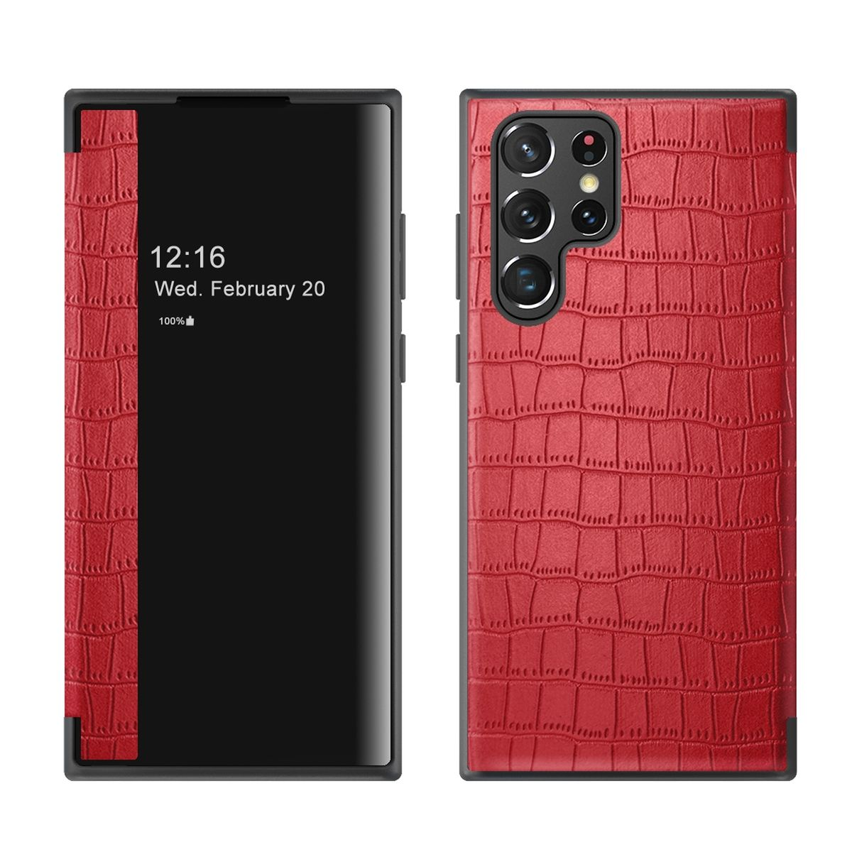 Rote Handyhülle mit Zeitanzeige. Krokodilleder-Textur. Telefon in der Hülle.