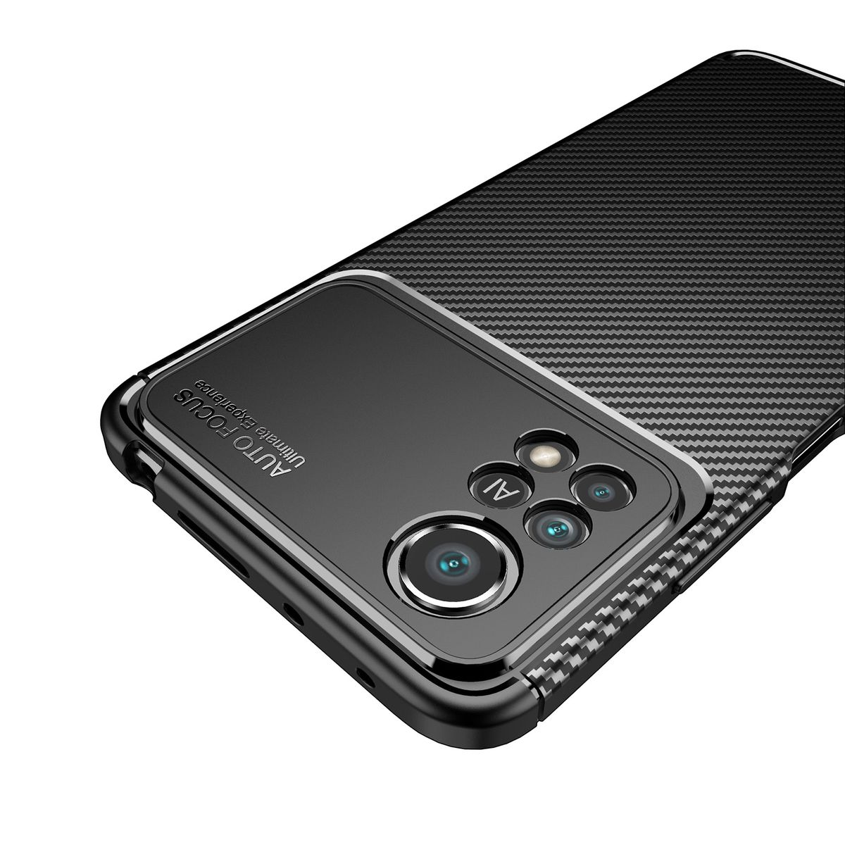 Schwarze Handyhülle mit Kamera- und AI-Design. Der Text lautet: AUTO FOCUS Ultimate Experience.