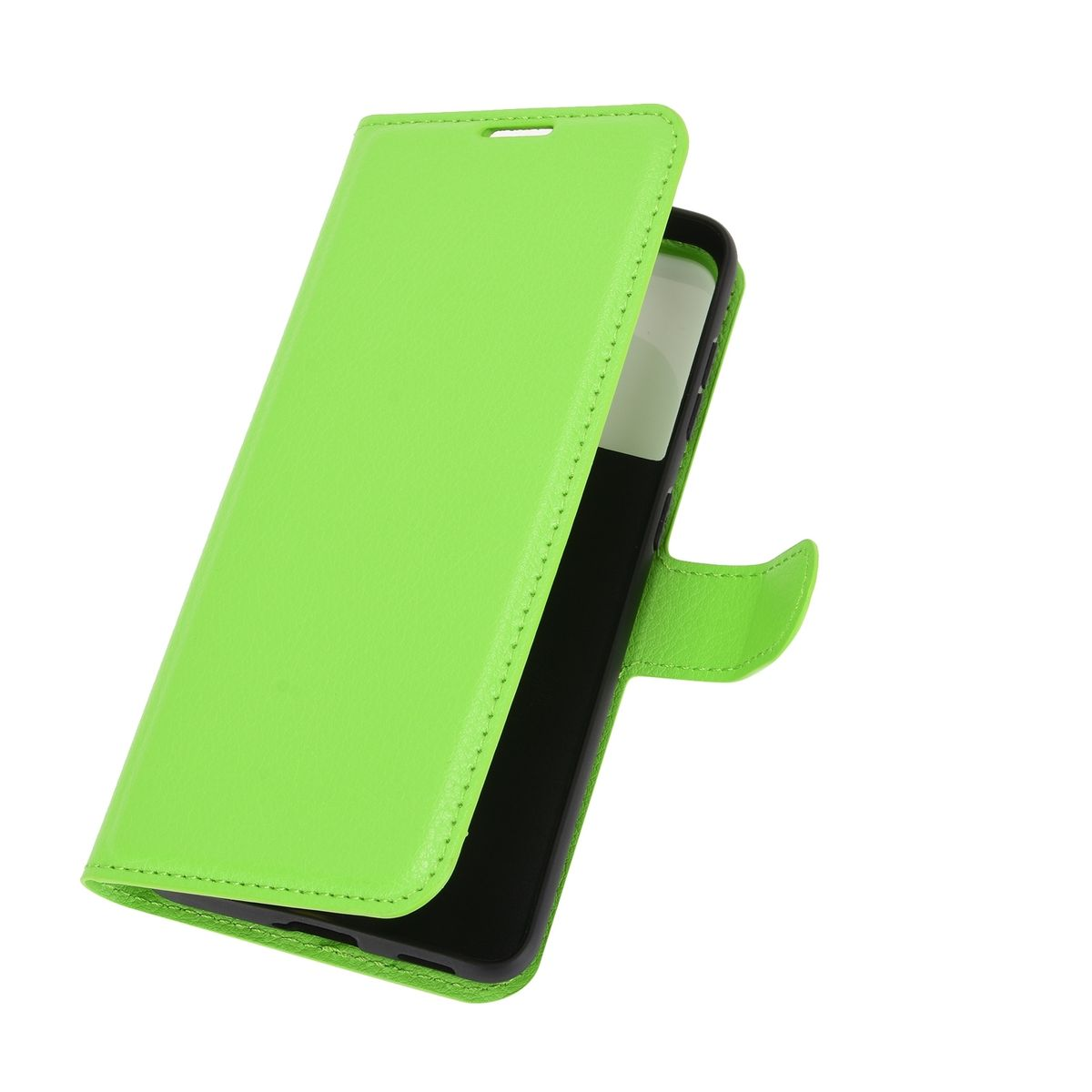 Grüne Handyhülle. Offen, Innenansicht. Der Telefonhalter ist schwarz. Seite an Seite.