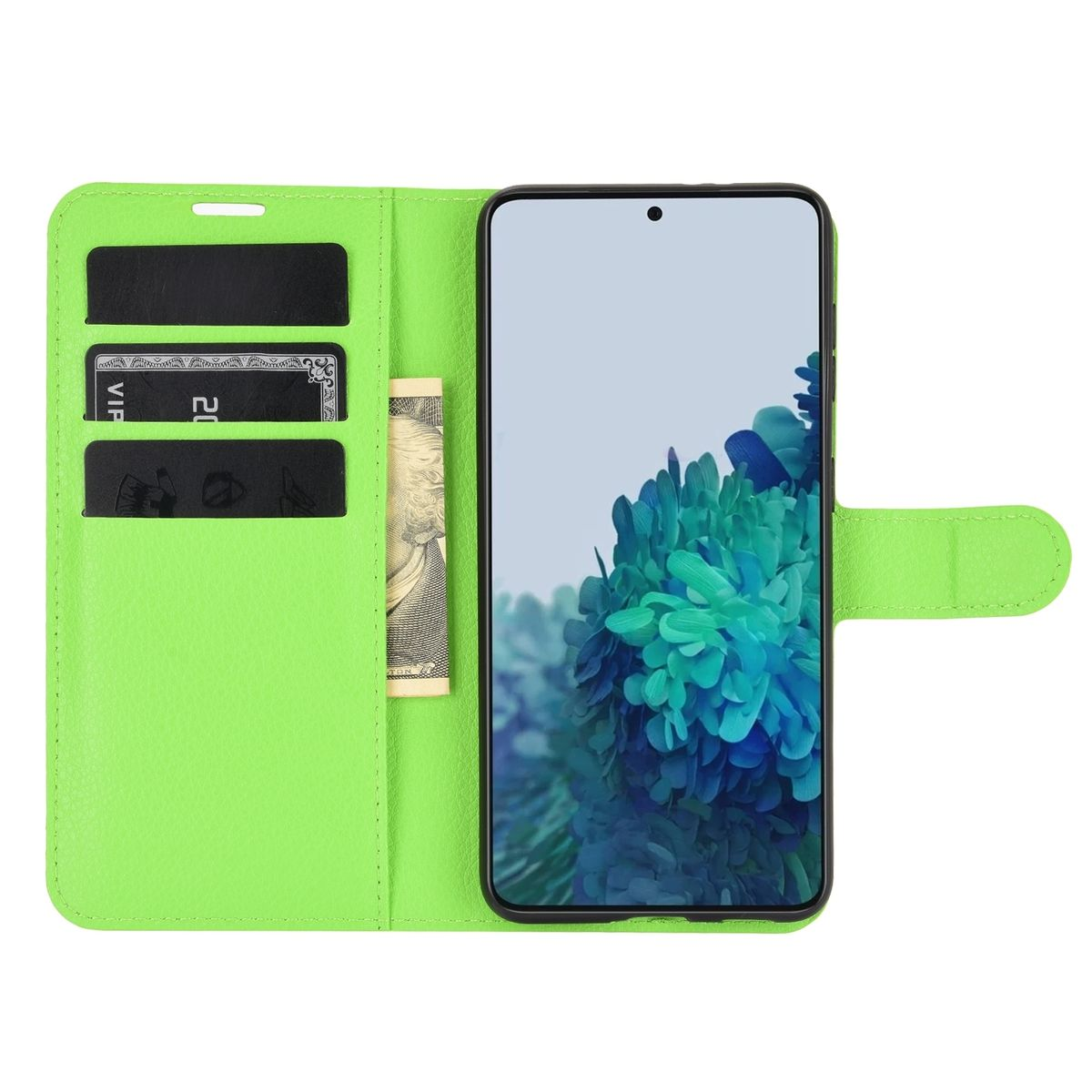 Grüne Handyhülle, offen, mit Telefon, das blaues Design zeigt, und Kartenfächern.