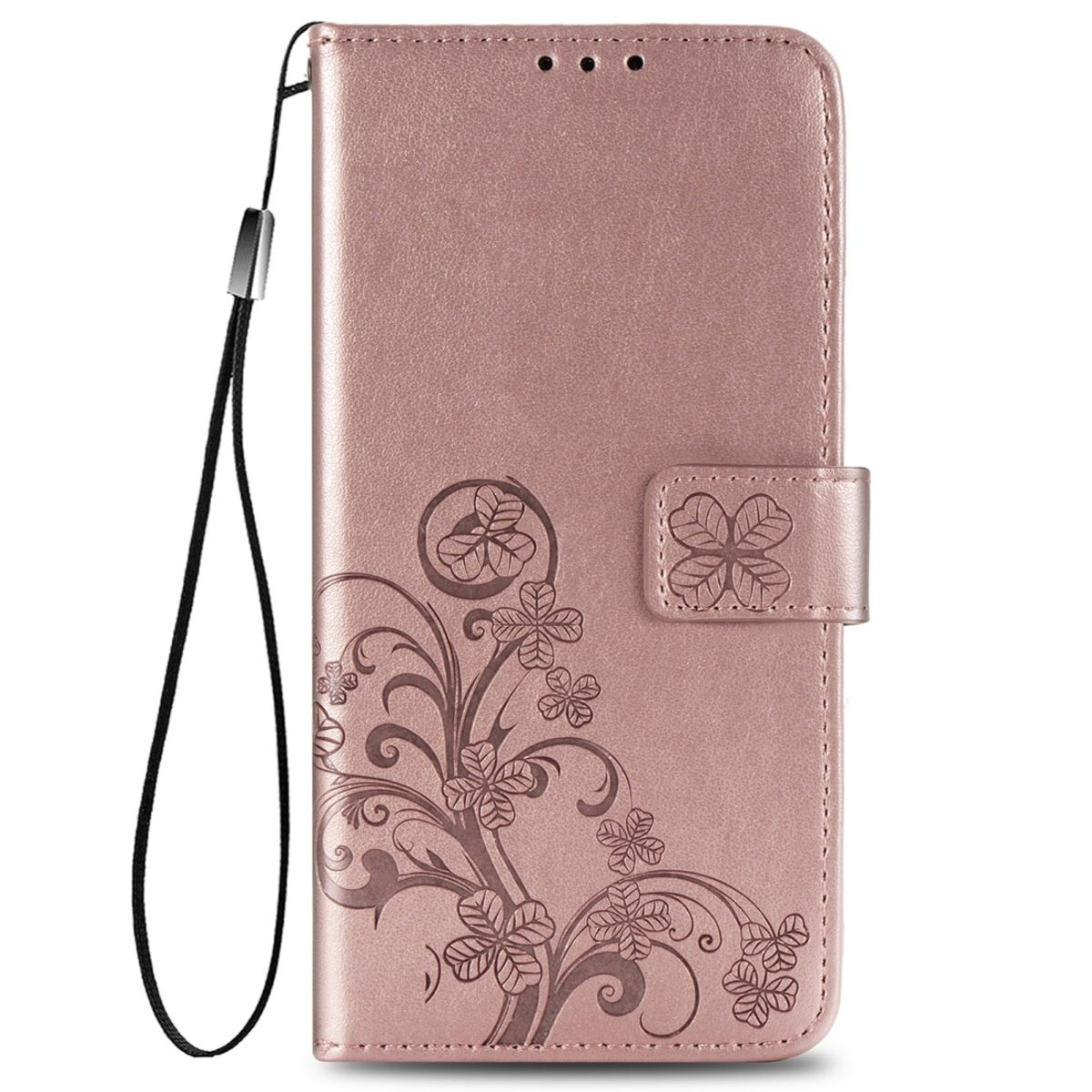 Eine pinkfarbene Handyhülle mit Blumendesign und Handschlaufe, geschlossen.