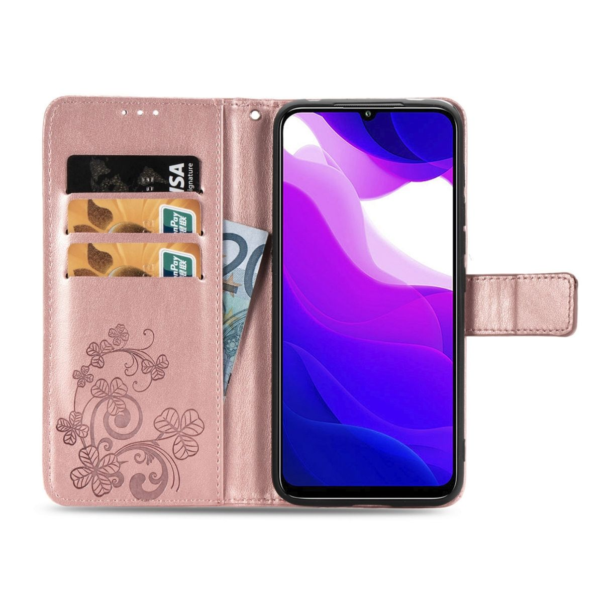 Offene pinke Handytasche mit Karten und Telefon. Blumenmuster auf der linken Seite.