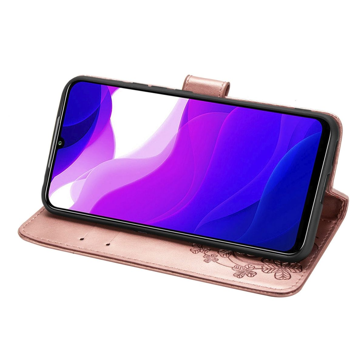 Ein Telefon in einem rosa Etui mit floralem Design. Der Telefonbildschirm zeigt einen lila und weißen Farbverlauf.