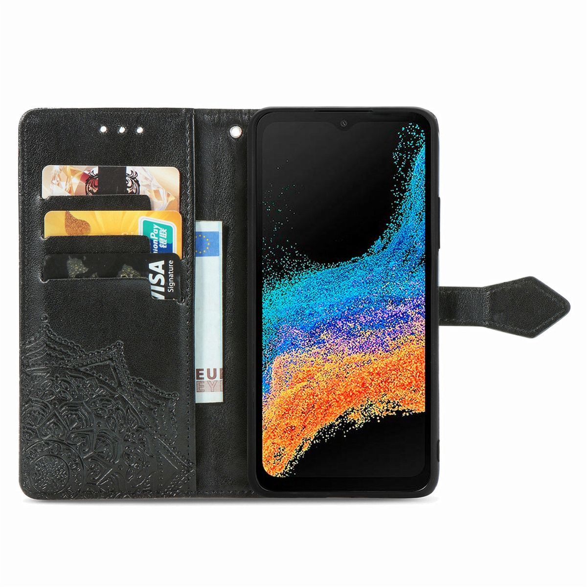 Geöffnete schwarze Handyhülle mit Karten und Bargeld. Telefon zeigt farbenfrohes, abstraktes Design.