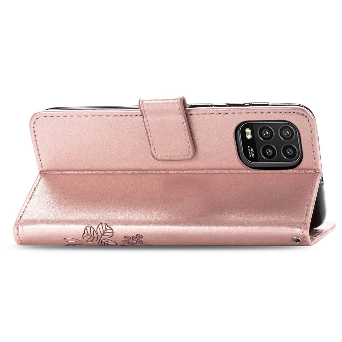 Rosafarbene Handyhülle, offen, mit floralem Design und Telefon. Weißer Hintergrund.