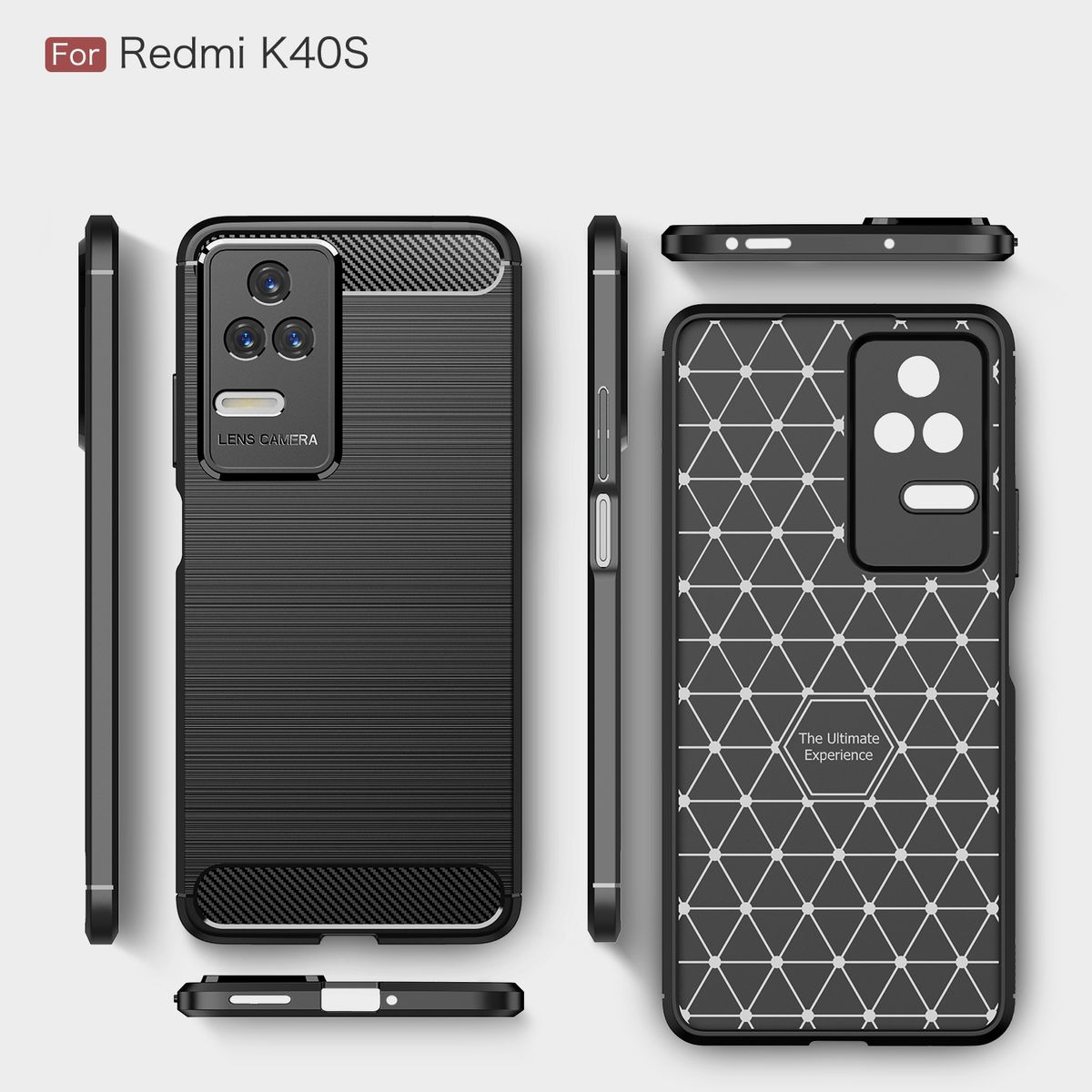 Mehrere Ansichten einer schwarzen Handyhülle mit geometrischem Design und Text, Für Redmi K40S.