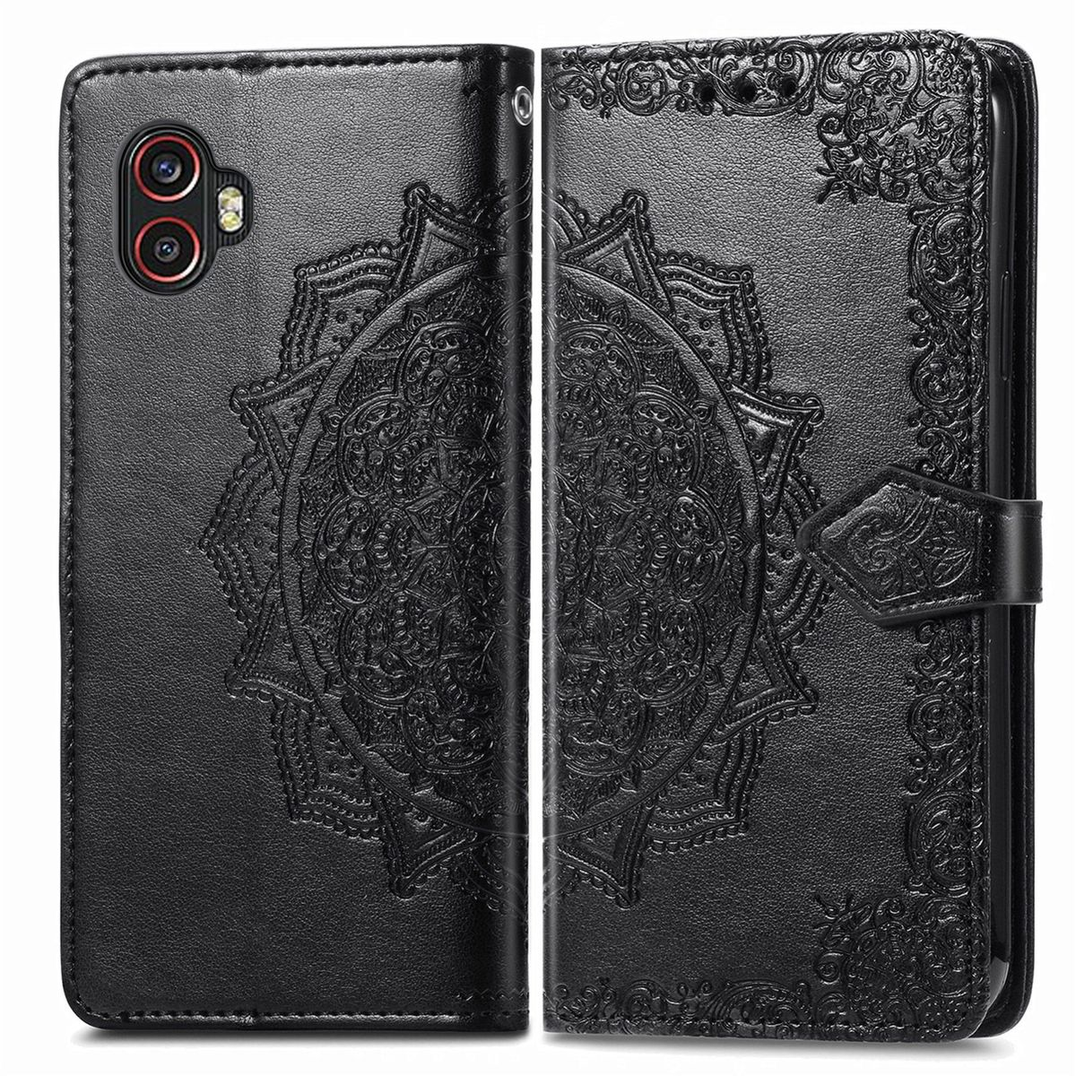 Schwarze Handyhülle, offen, zeigt ein Mandala-Design. Verfügt über ein Telefon und einen Verschluss.